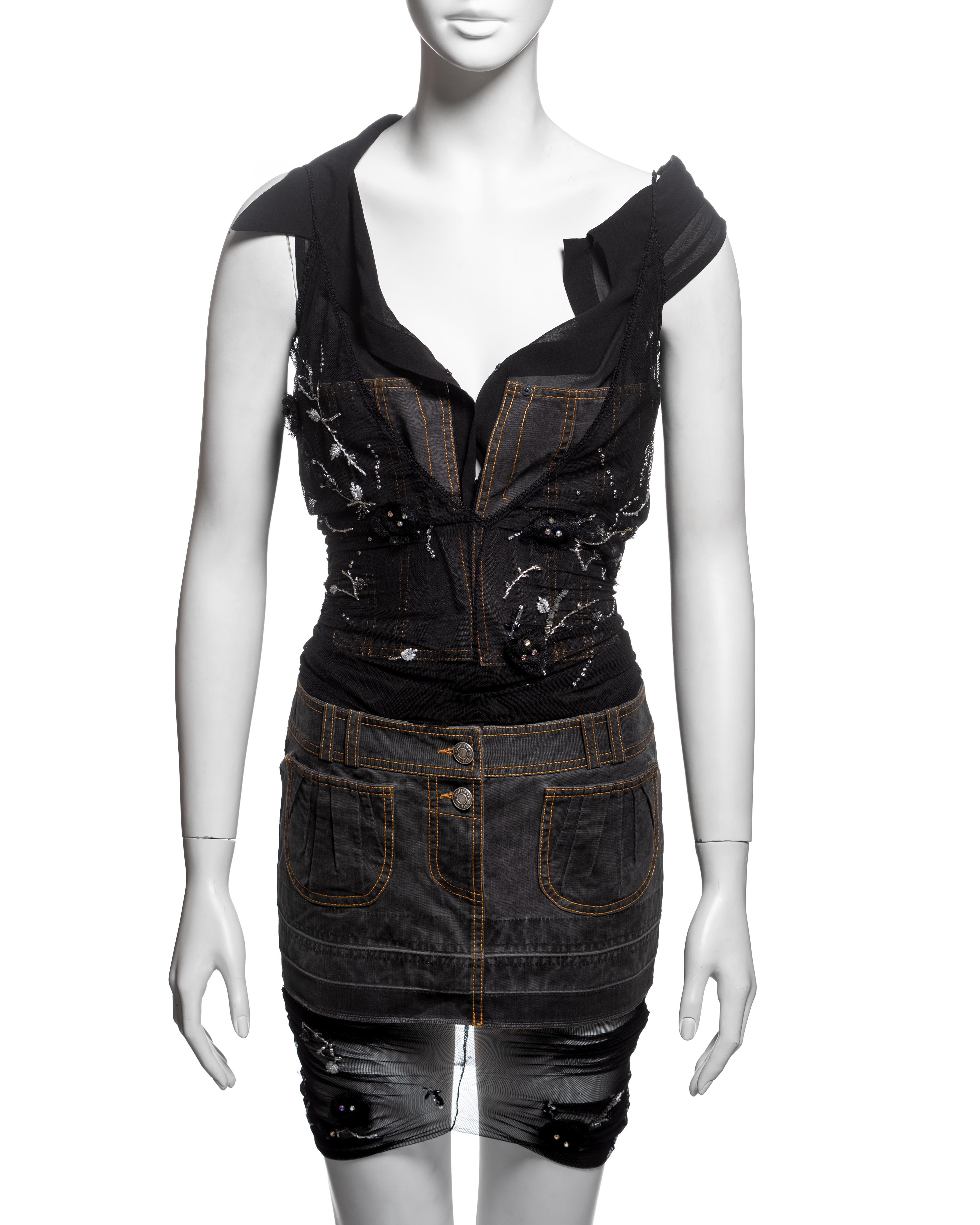 Noir Mini-robe hybride ornée de denim, de soie et de maille de John Galliano, SS 2006 en vente