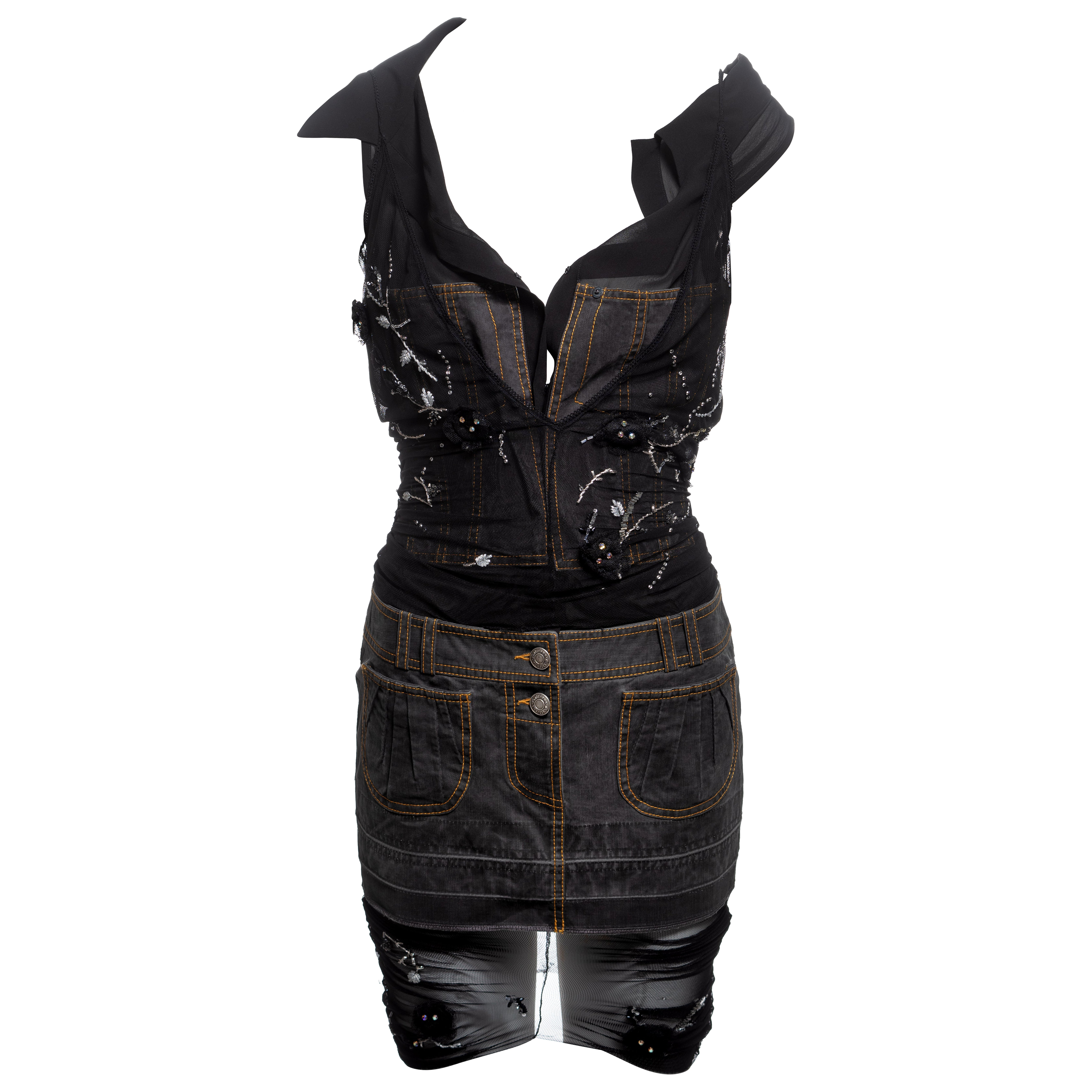 Mini-robe hybride ornée de denim, de soie et de maille de John Galliano, SS 2006
