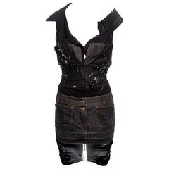 John Galliano Mini abito ibrido in denim, seta e rete impreziosito, SS 2006