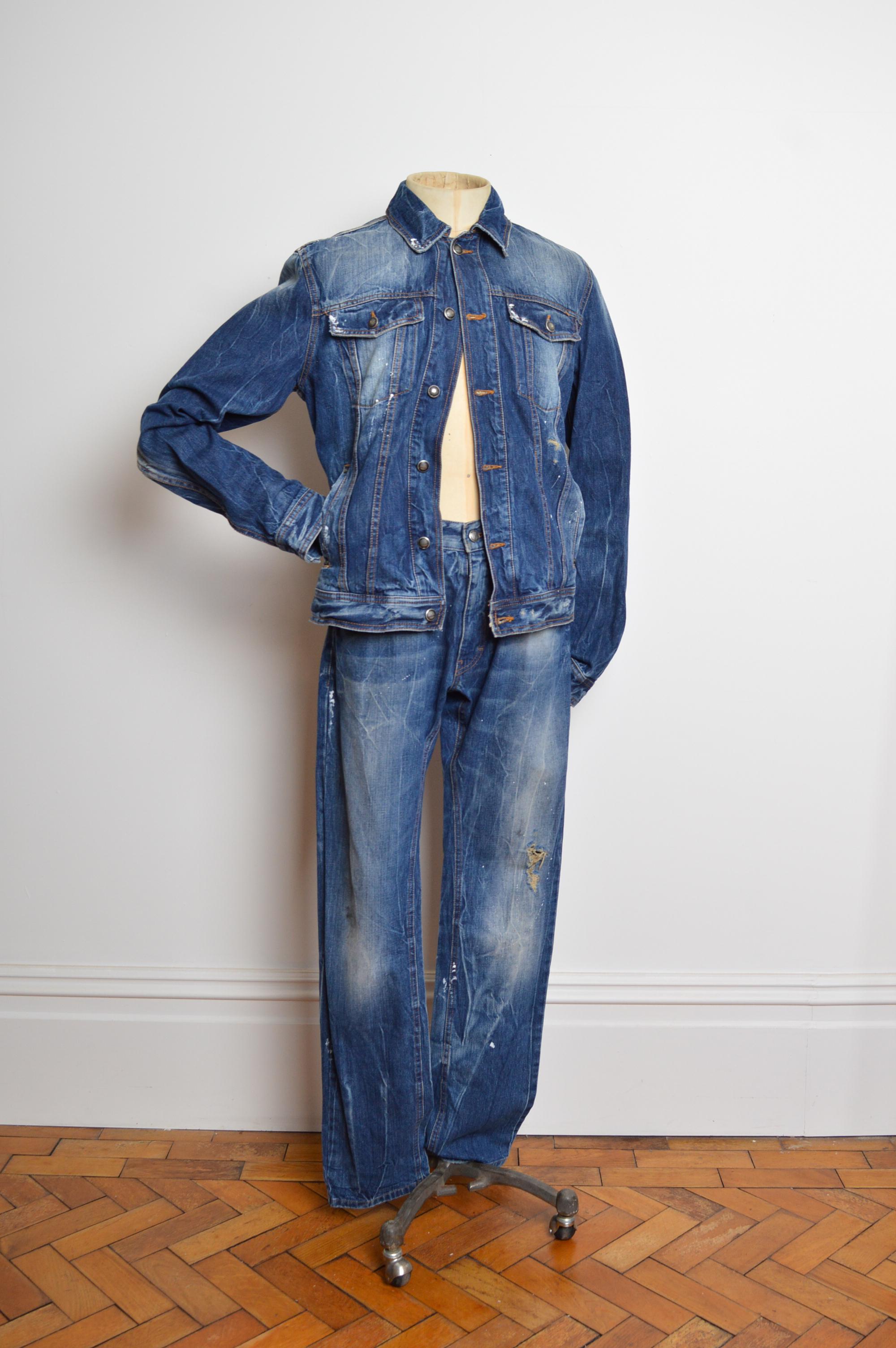 John Galliano Distressed 2000's Double Denim Jacket and Jeans Set
