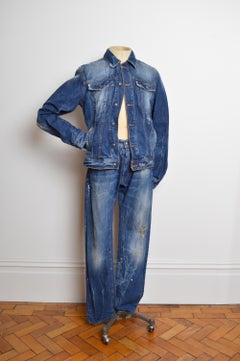 John Galliano Distressed 2000’s Double Denim Jacket & Jeans Set - Skull applique