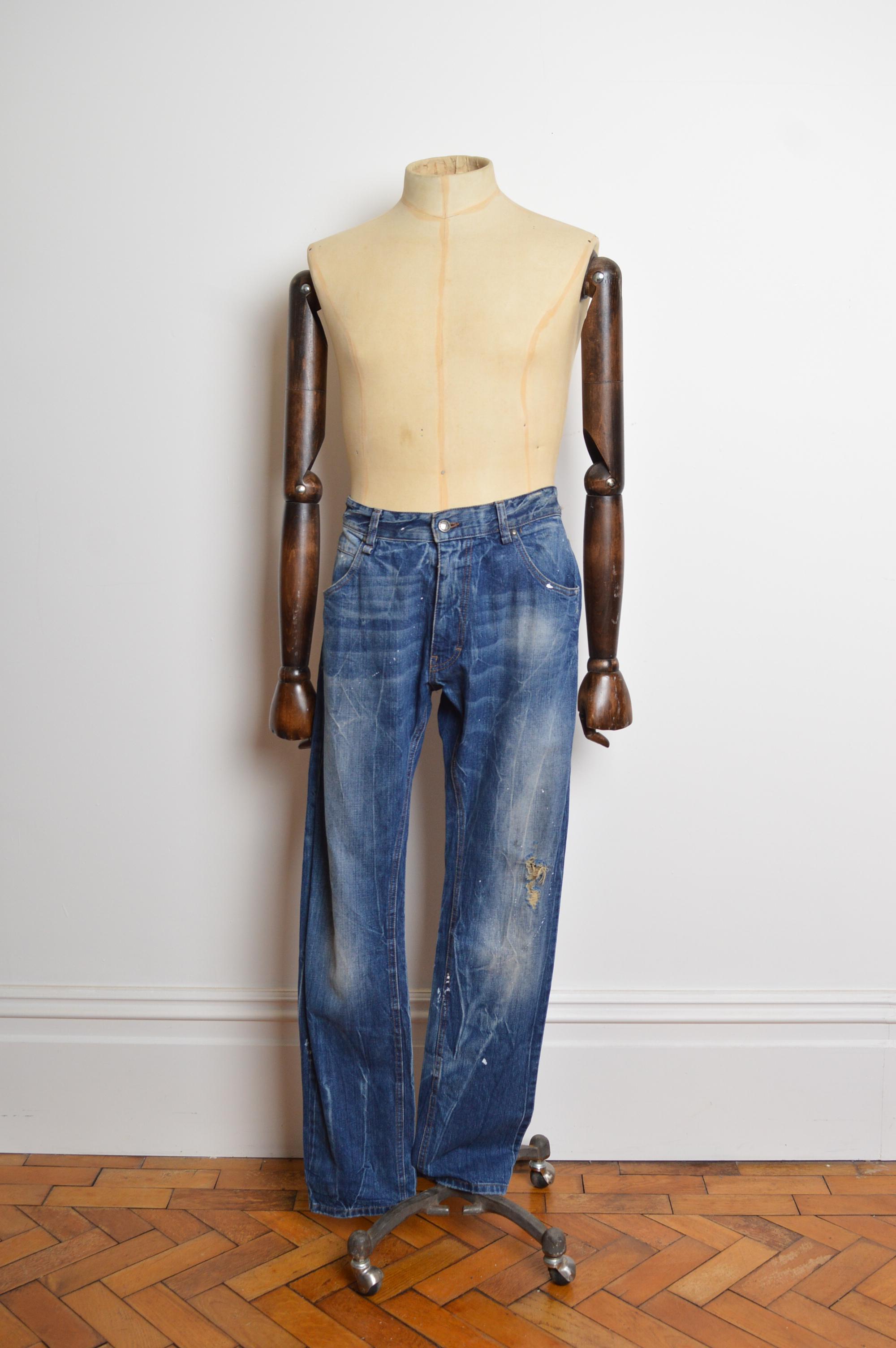 John Galliano Distressed 2000's Double Denim Jacket and Jeans Set