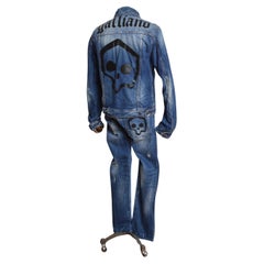 John Galliano Distressed 2000’s Double Denim Jacket 
Jeans Set - Skull applique