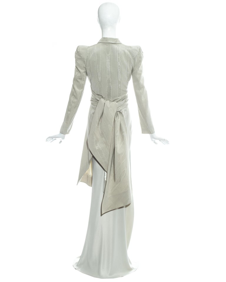 John Galliano dove grey moire silk wrap jacket and high slit skirt suit ...