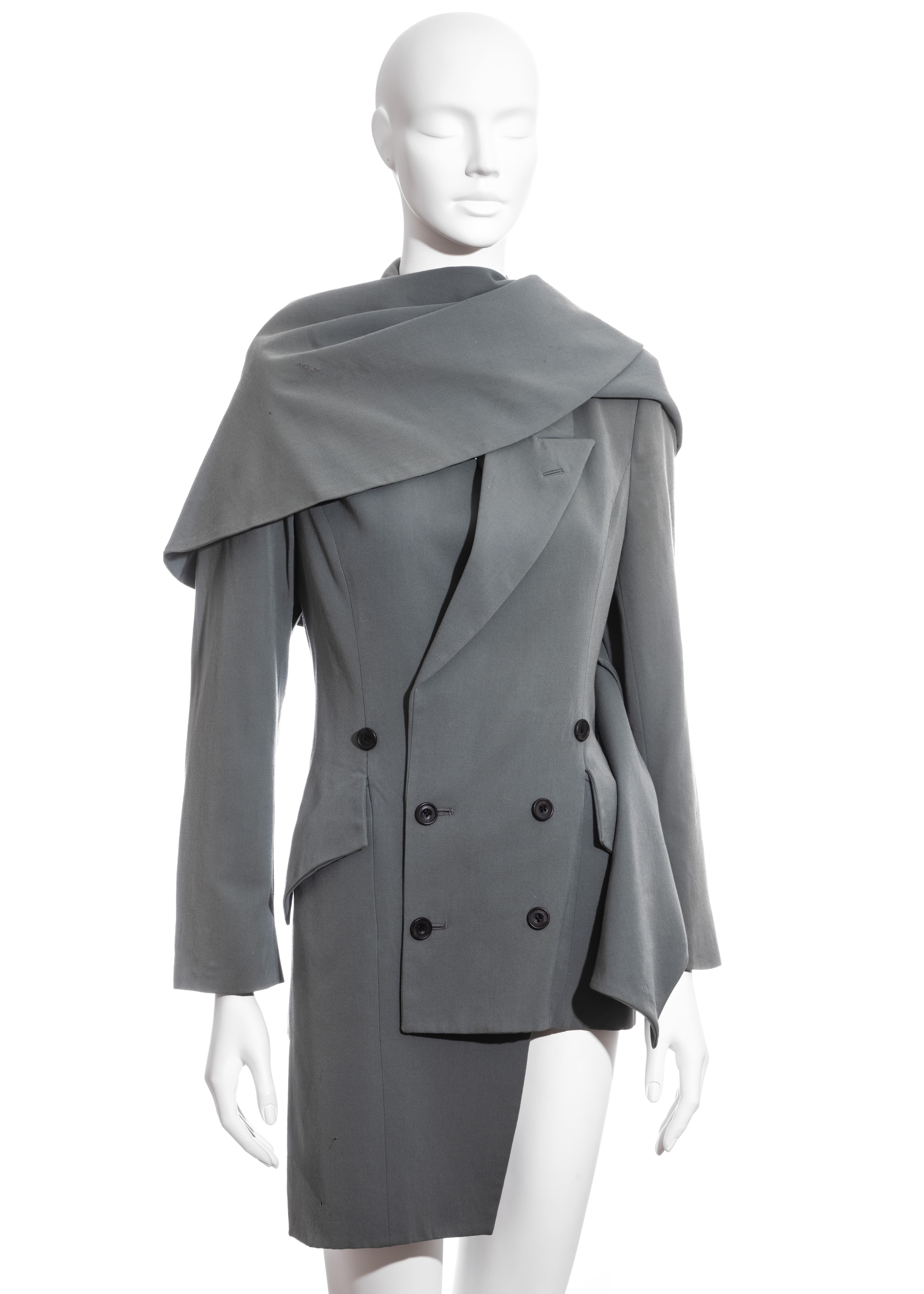 Gray John Galliano dusty teal wool double breasted blazer jacket, fw 1988