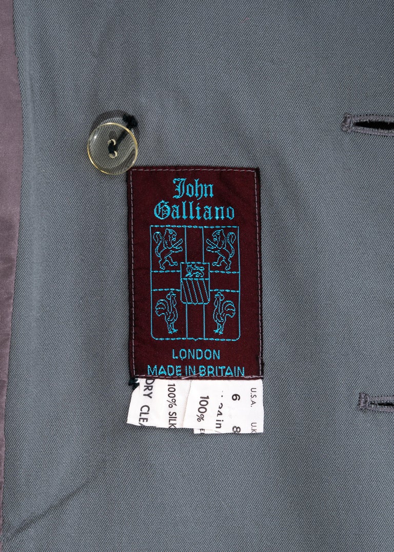 John Galliano dusty teal wool double breasted blazer jacket, fw 1988 For Sale 4