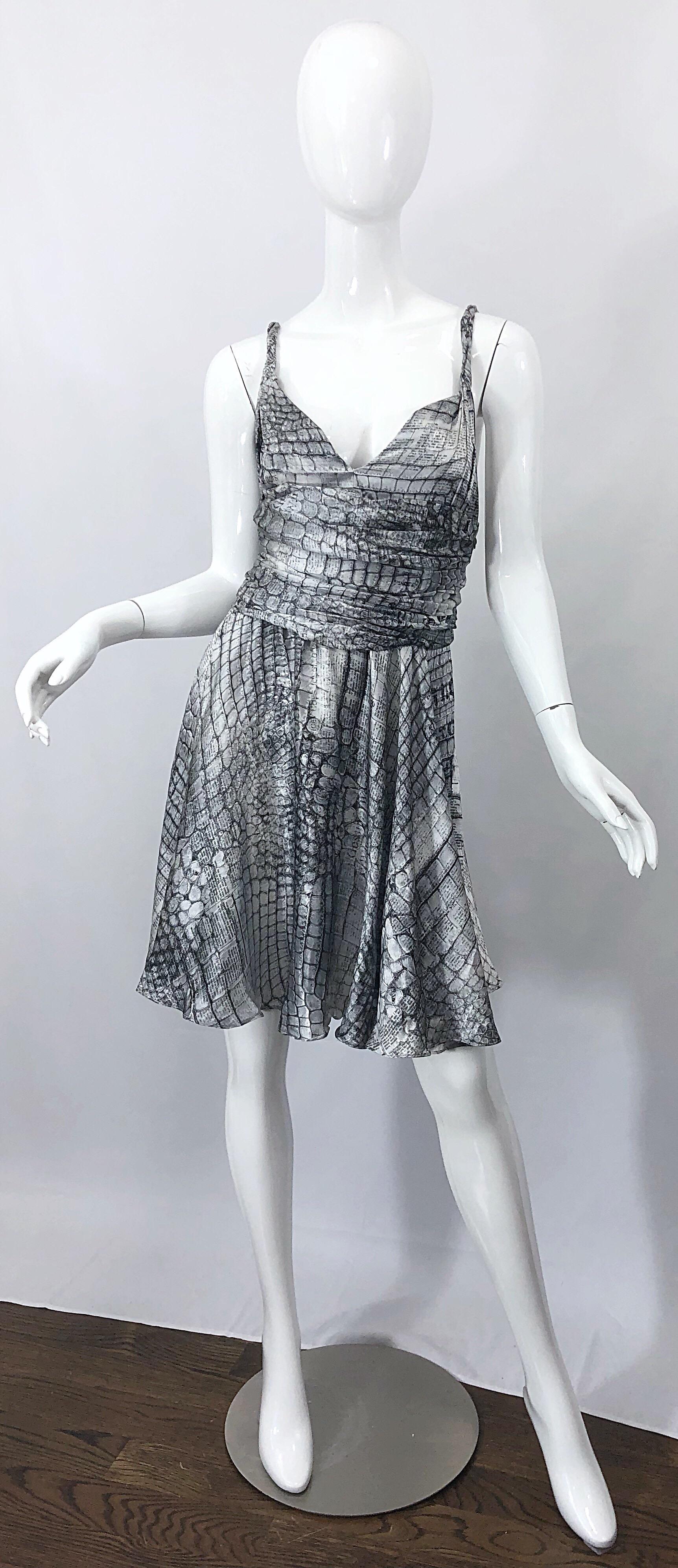 John Galliano Size 8 / 10 2005 Gazette Newspaper Animal Silk Dress Black White For Sale 7