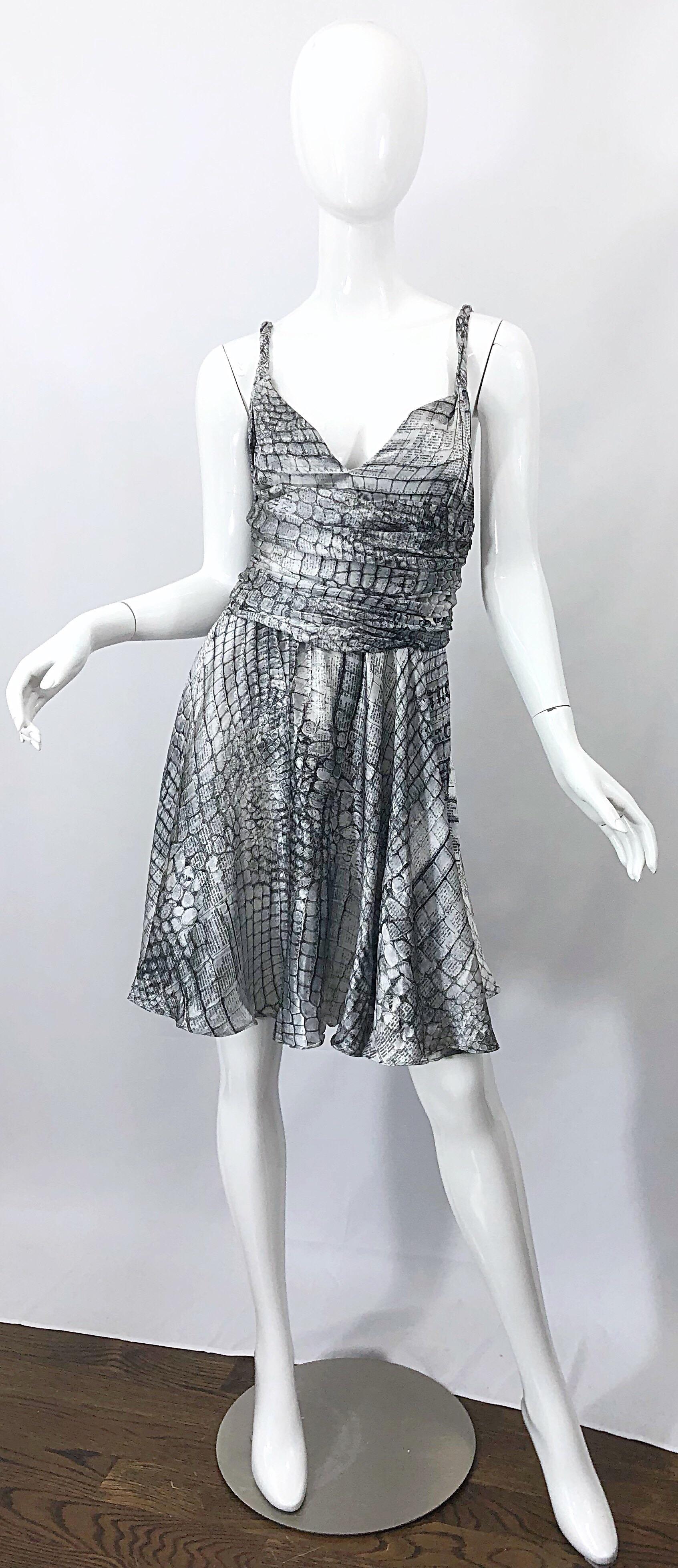 Flirty early 2000s ( Spring 2005 ) JOHN GALLIANO signature gazette print sleeveless black and white (and grey) silk dress! Features Galliano's signature newspaper print mixed with alligator / crocodile prints throughout. Sleeveless braided straps.