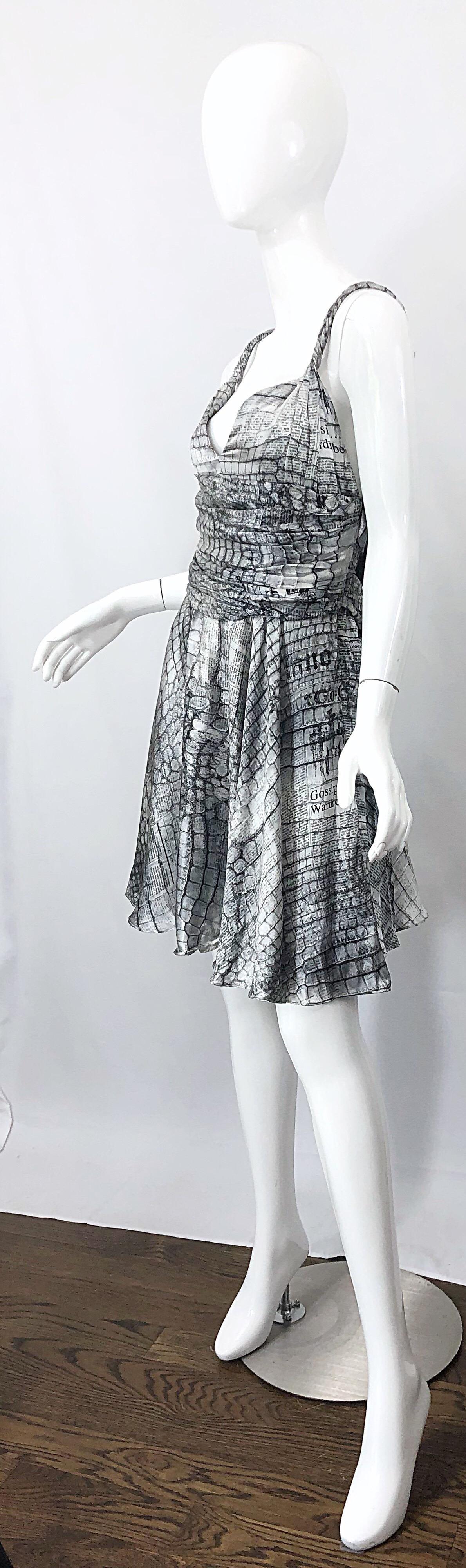 Gray John Galliano Size 8 / 10 2005 Gazette Newspaper Animal Silk Dress Black White For Sale