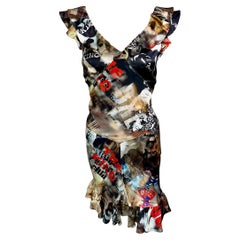 John Galliano Early 2000's Logo I'm a King Face Portrait Newsprint Silk Dress