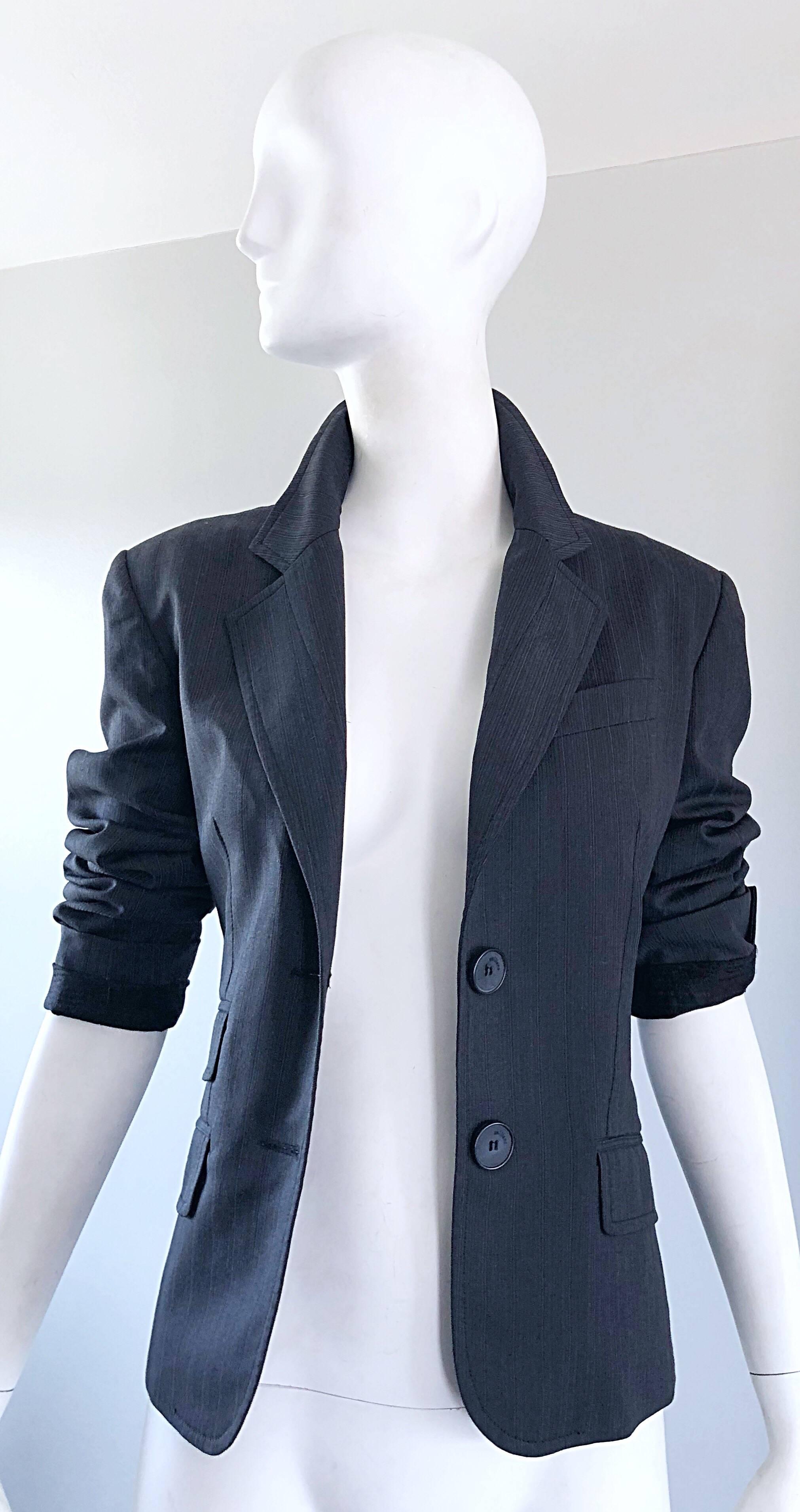 Black John Galliano Early 2000s Size 42 Gray + Purple Pinstripe Blazer Jacket For Sale