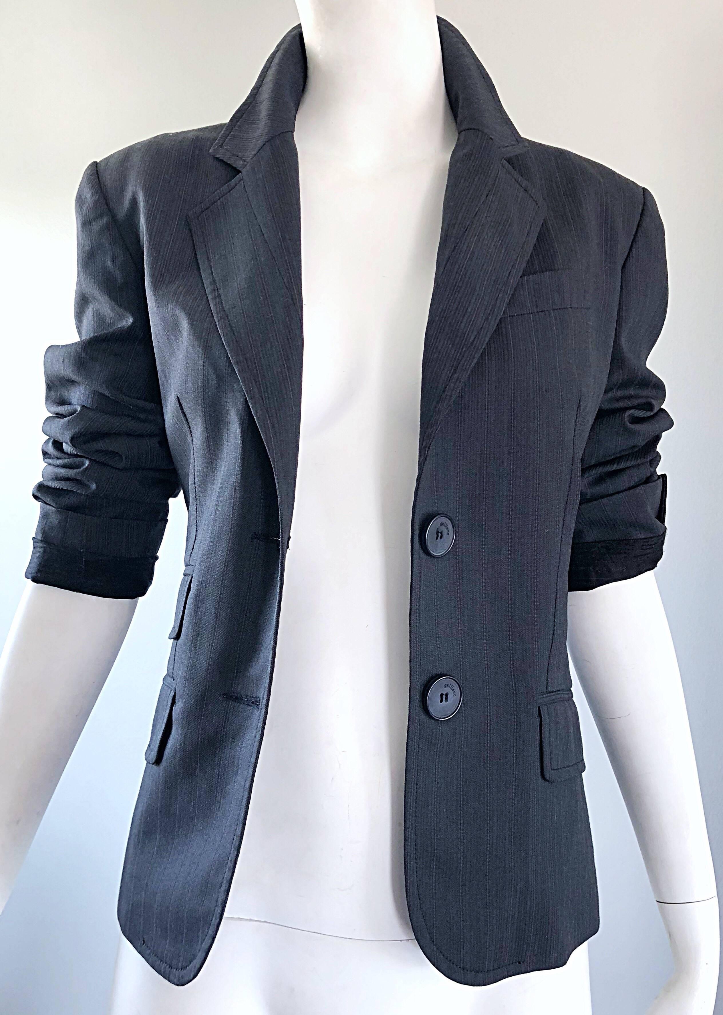 John Galliano Early 2000s Size 42 Gray + Purple Pinstripe Blazer Jacket For Sale 1
