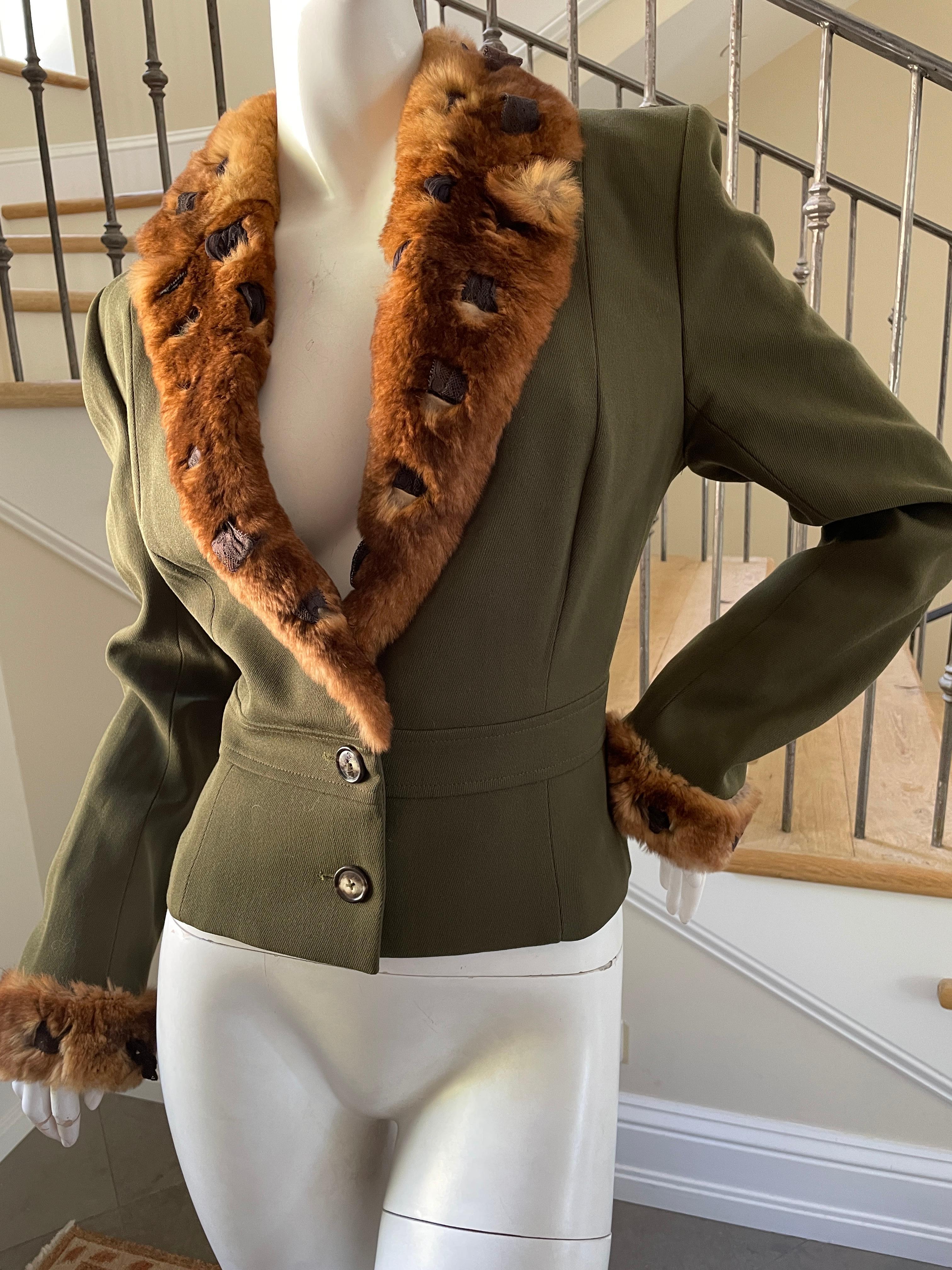 John Galliano Early Label Green Cropped Jacket with Orlyog Fur Trim.
Orlyog is a type of rabbit bred to resemble chinchilla.
Fr 44 US 10
Bust 40