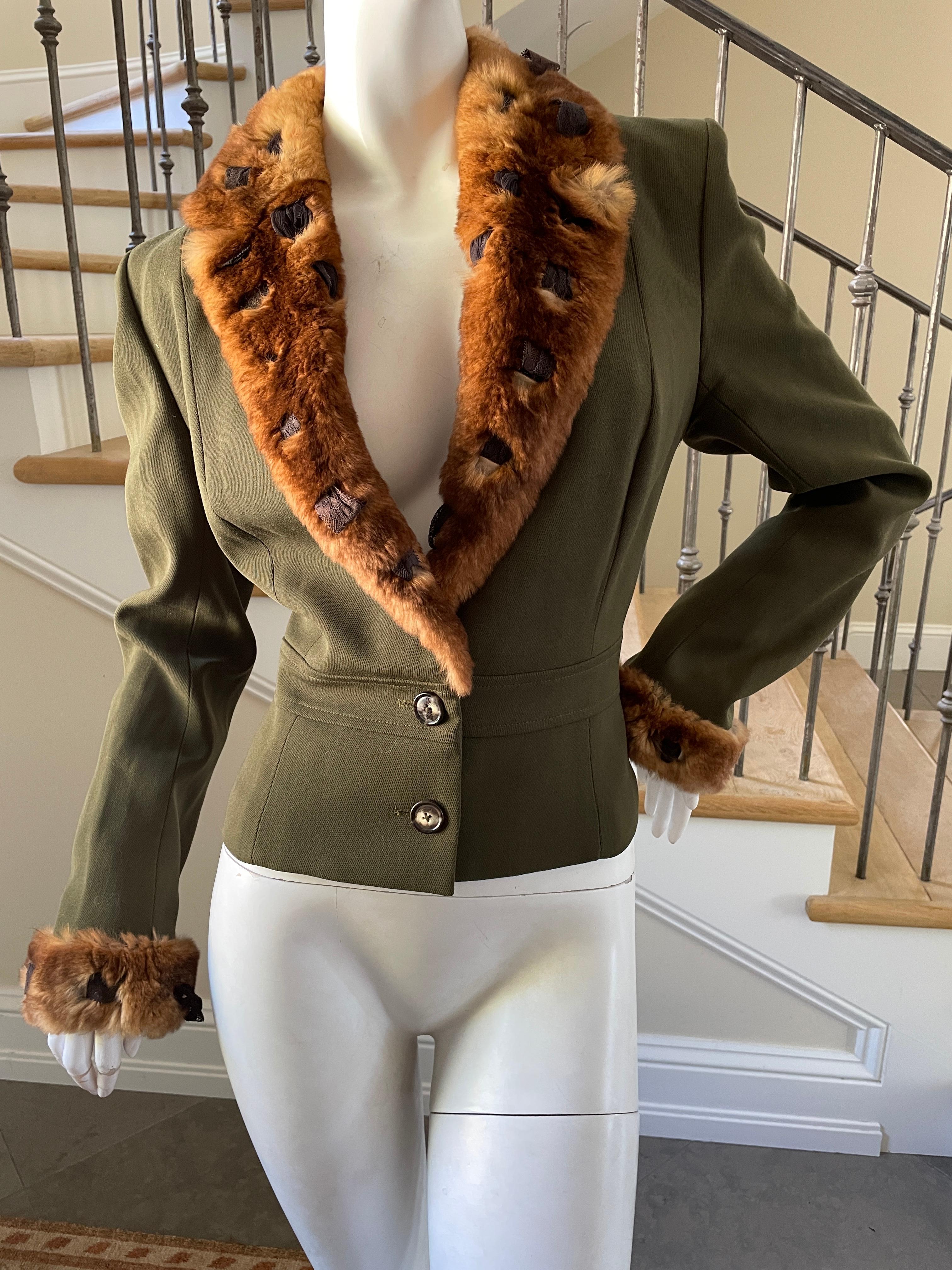 Brown John Galliano Early Label Green Cropped Jacket with Orlyog Fur Trim For Sale