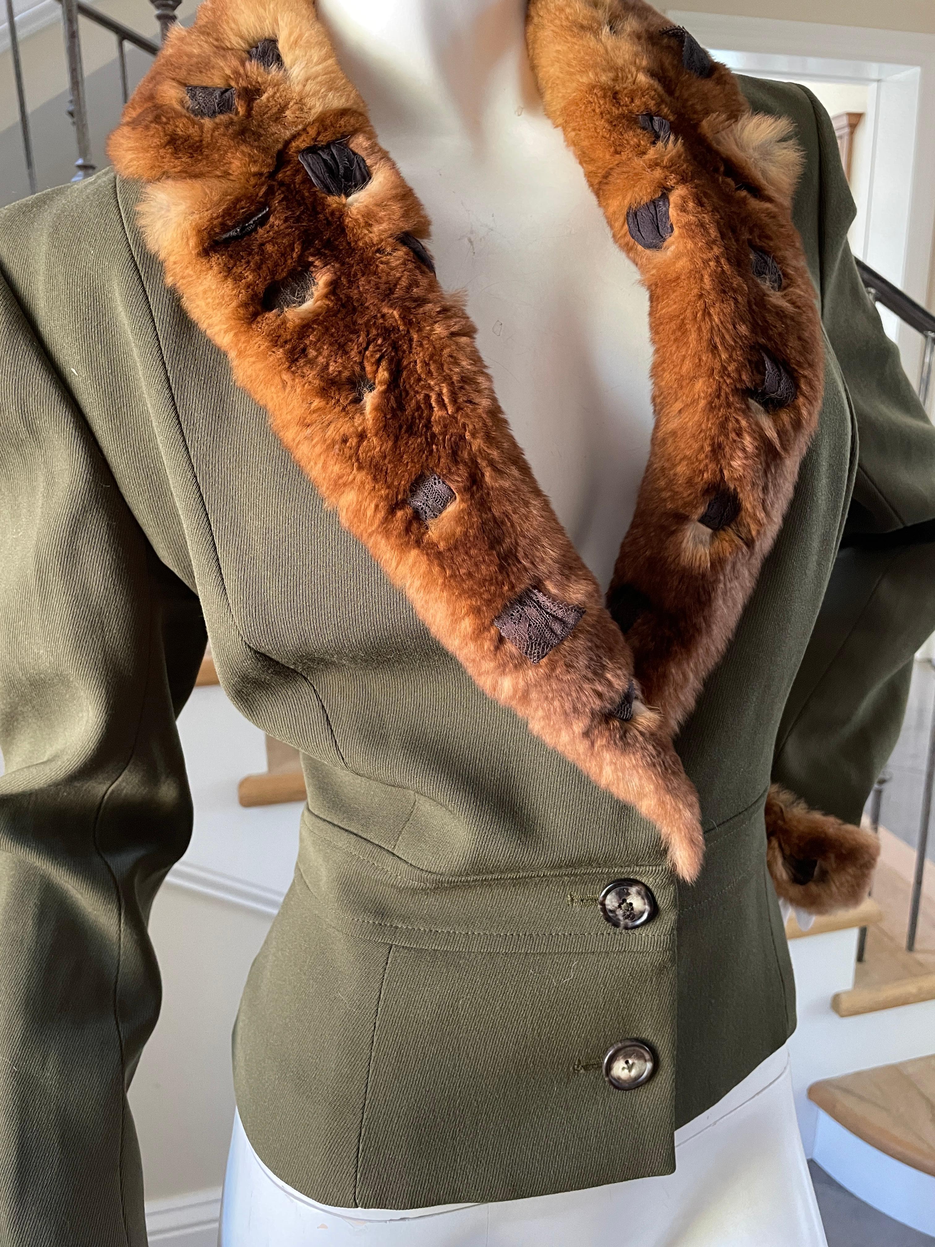 John Galliano Early Label Green Cropped Jacket with Orlyog Fur Trim In Good Condition For Sale In Cloverdale, CA