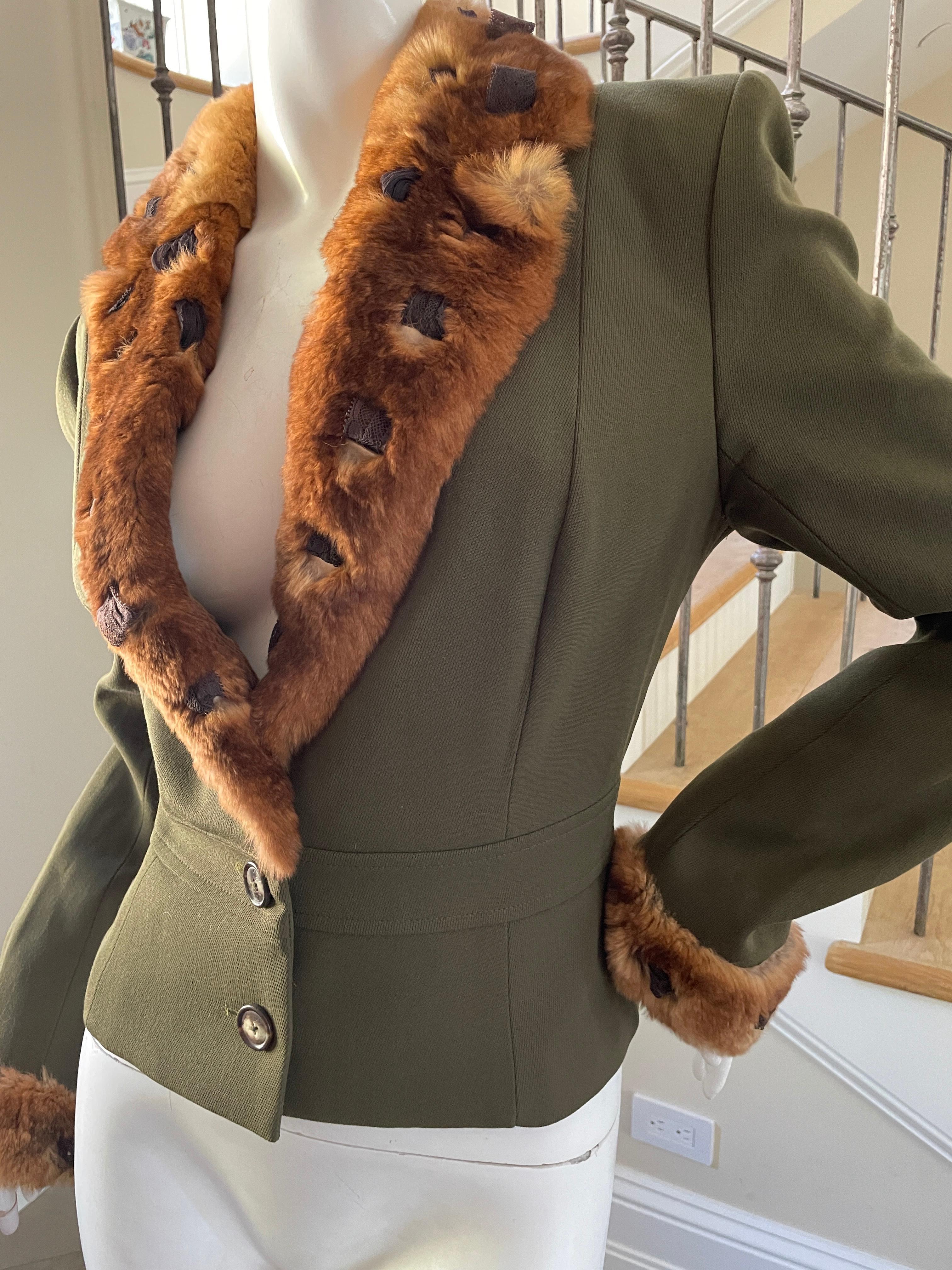 Women's John Galliano Early Label Green Cropped Jacket with Orlyog Fur Trim For Sale