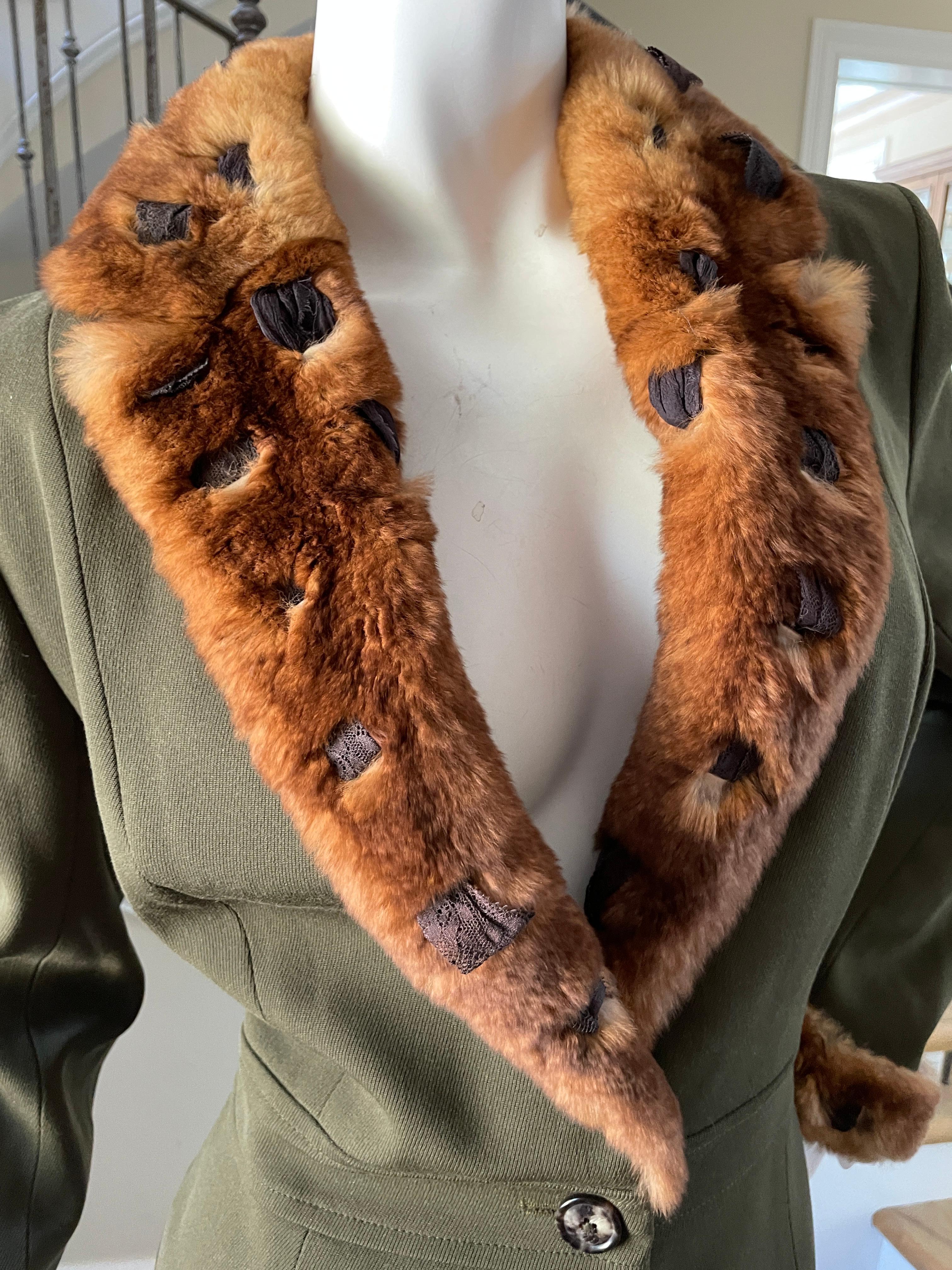 John Galliano Early Label Green Cropped Jacket with Orlyog Fur Trim For Sale 1