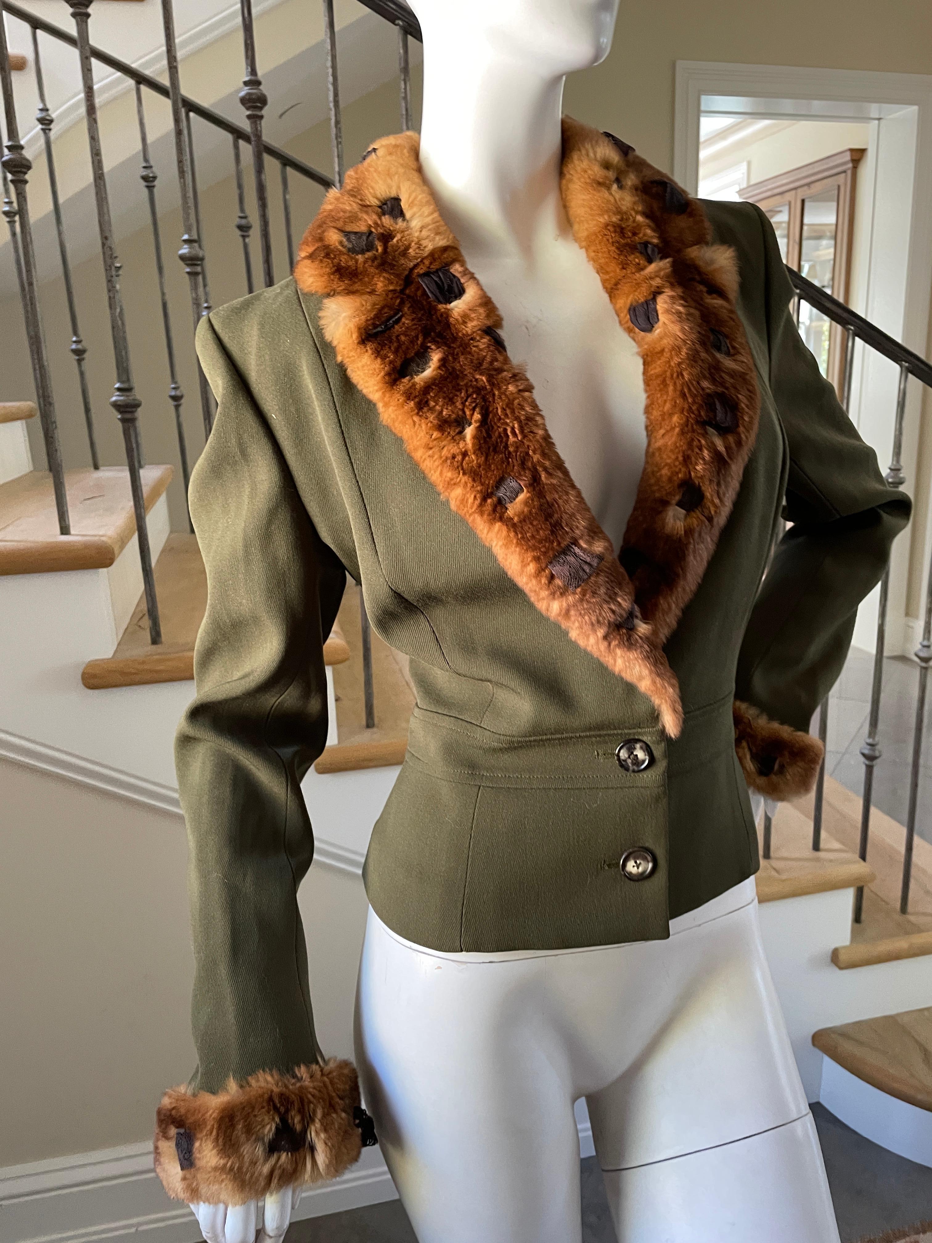 John Galliano Early Label Green Cropped Jacket with Orlyog Fur Trim For Sale 2