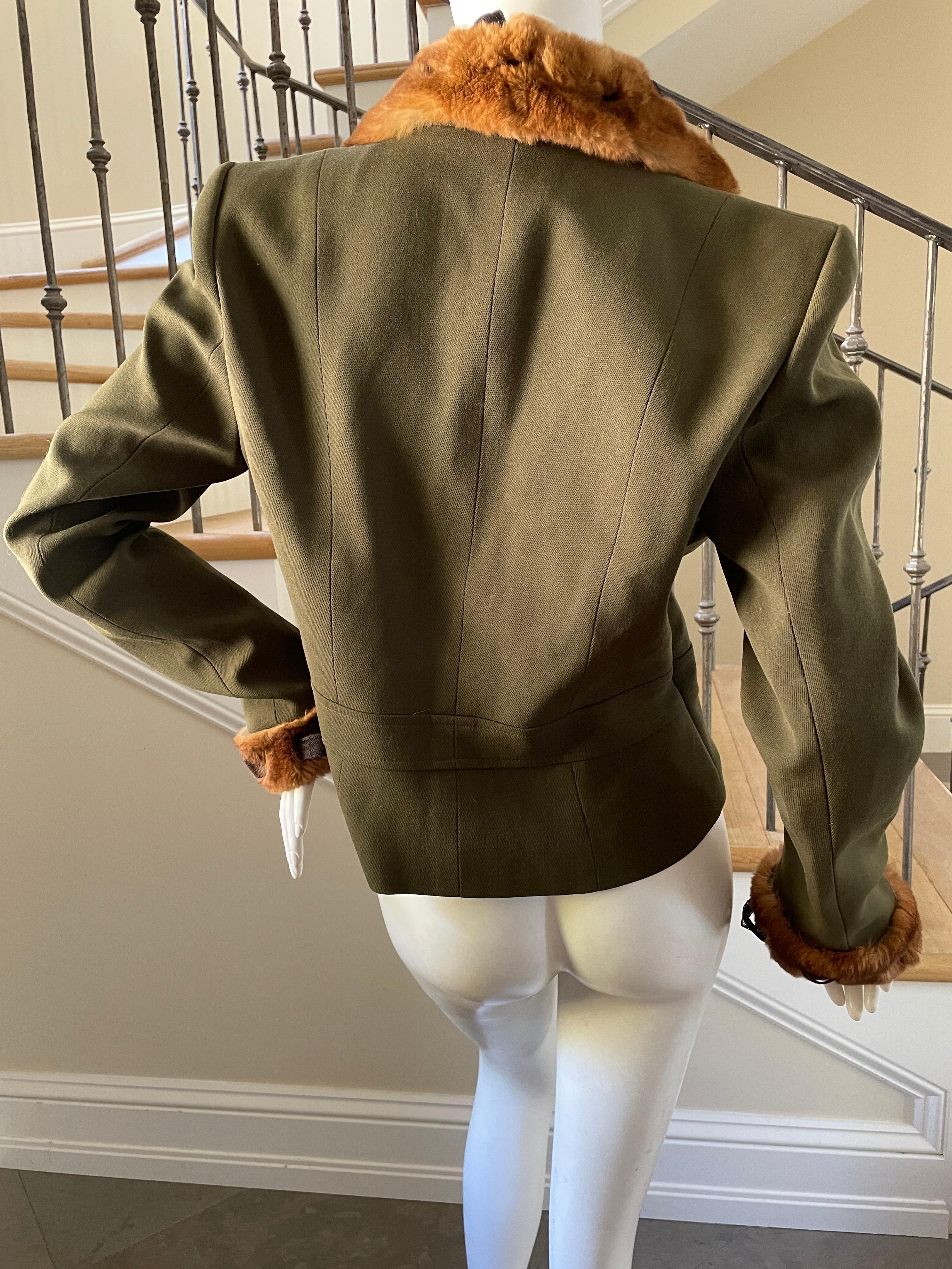 John Galliano Early Label Green Cropped Jacket with Orlyog Fur Trim For Sale 3