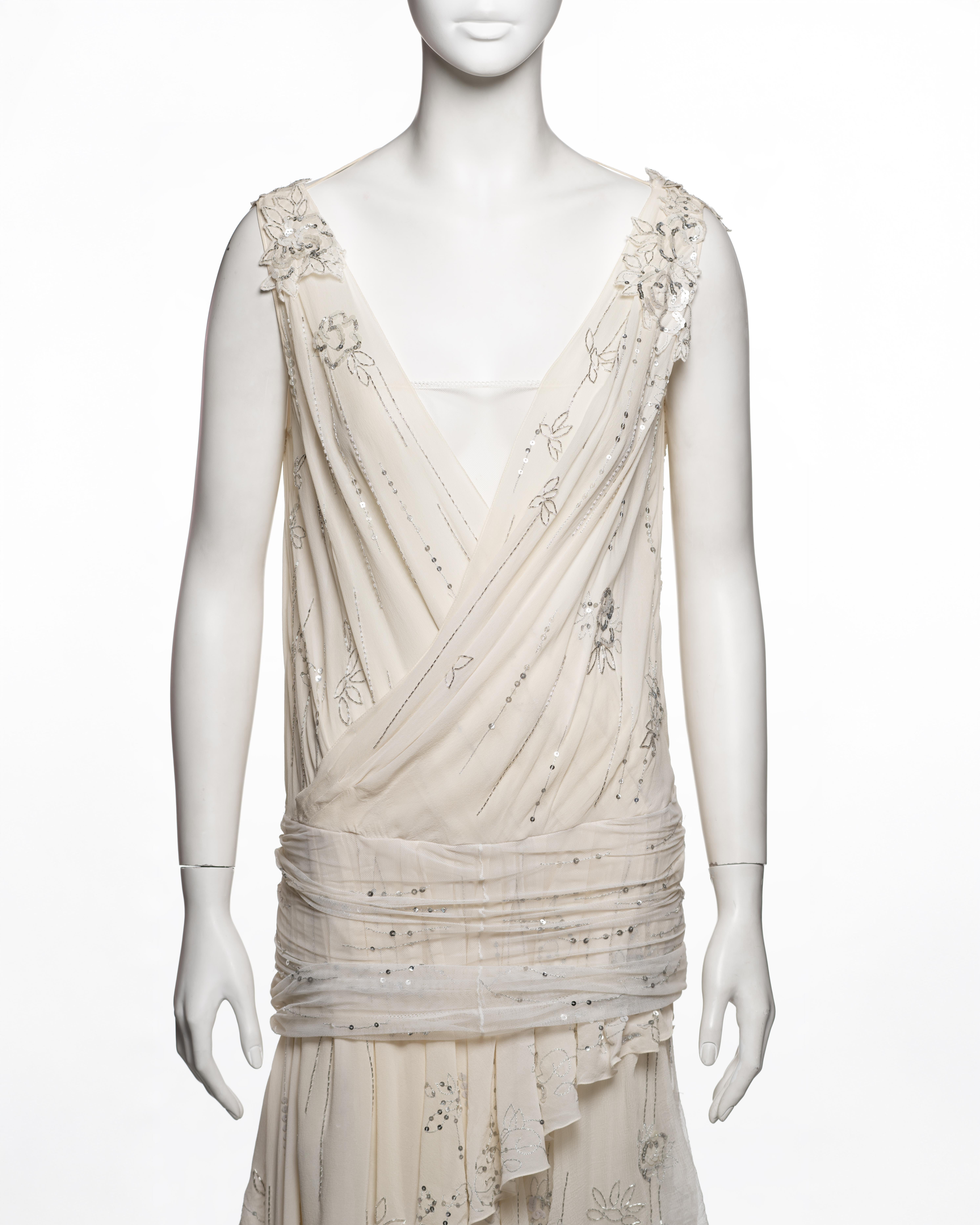 John Galliano Besticktes Abendkleid aus weißer Seide und Chiffon, F/S 2006 (Weiß) im Angebot