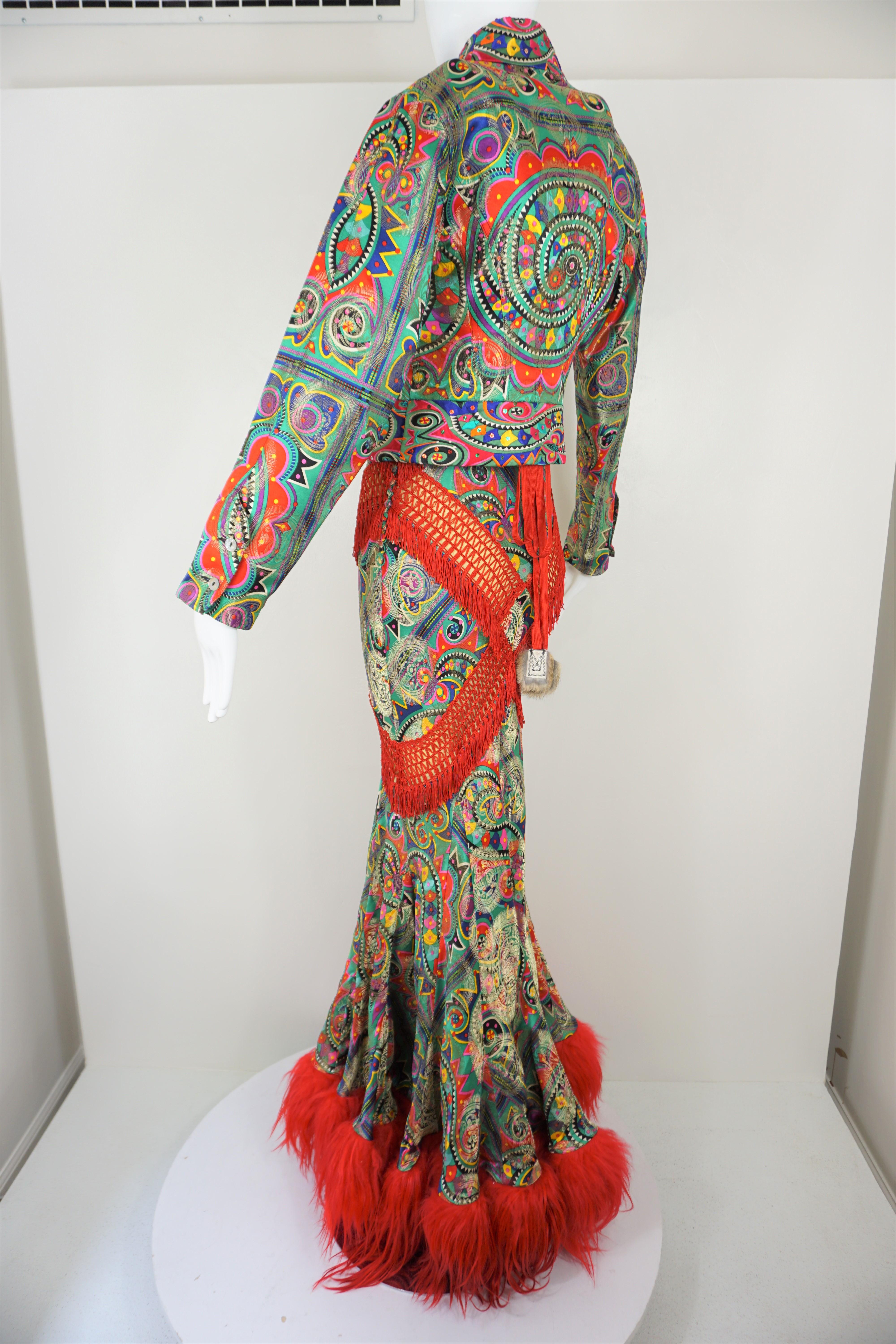 John Galliano Ethnographic Damask Print Runway Gown With Jacket Size 38/6, 2002 In New Condition For Sale In Carmel, CA