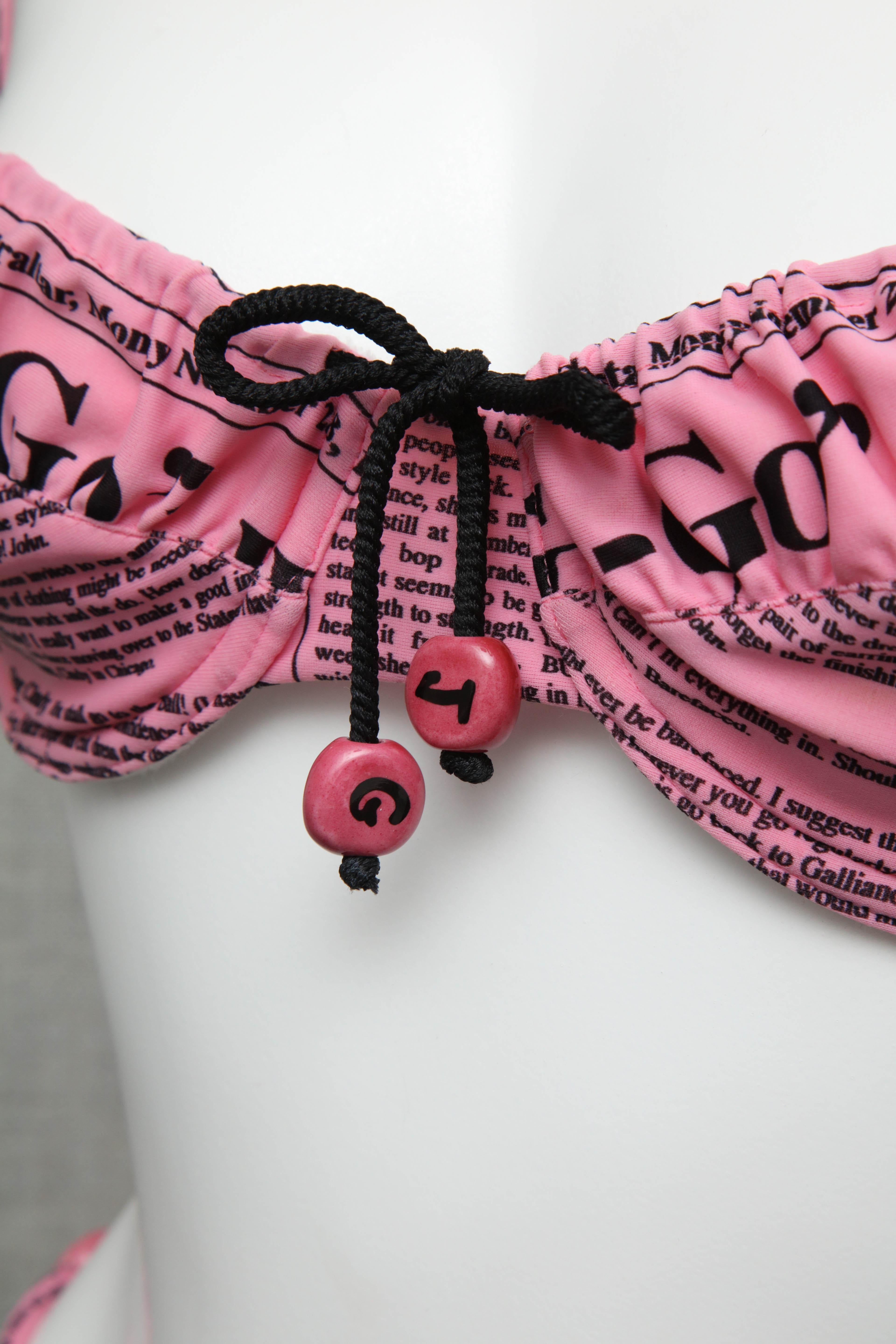 John Galliano Extremely Rare Iconic Pink Newspaper Print Bikini In Good Condition In Chicago, IL