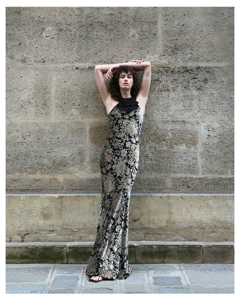 John Galliano F/W 08 Black Terracotta Floral Velvet Backless Draped Dress Gown John Galliano F/W 08 Black Terracotta Floral Velvet Backless Draped Dress Gown