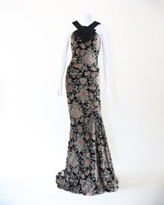 John Galliano F/W 08 black terracotta floral velvet backless draped dress gown