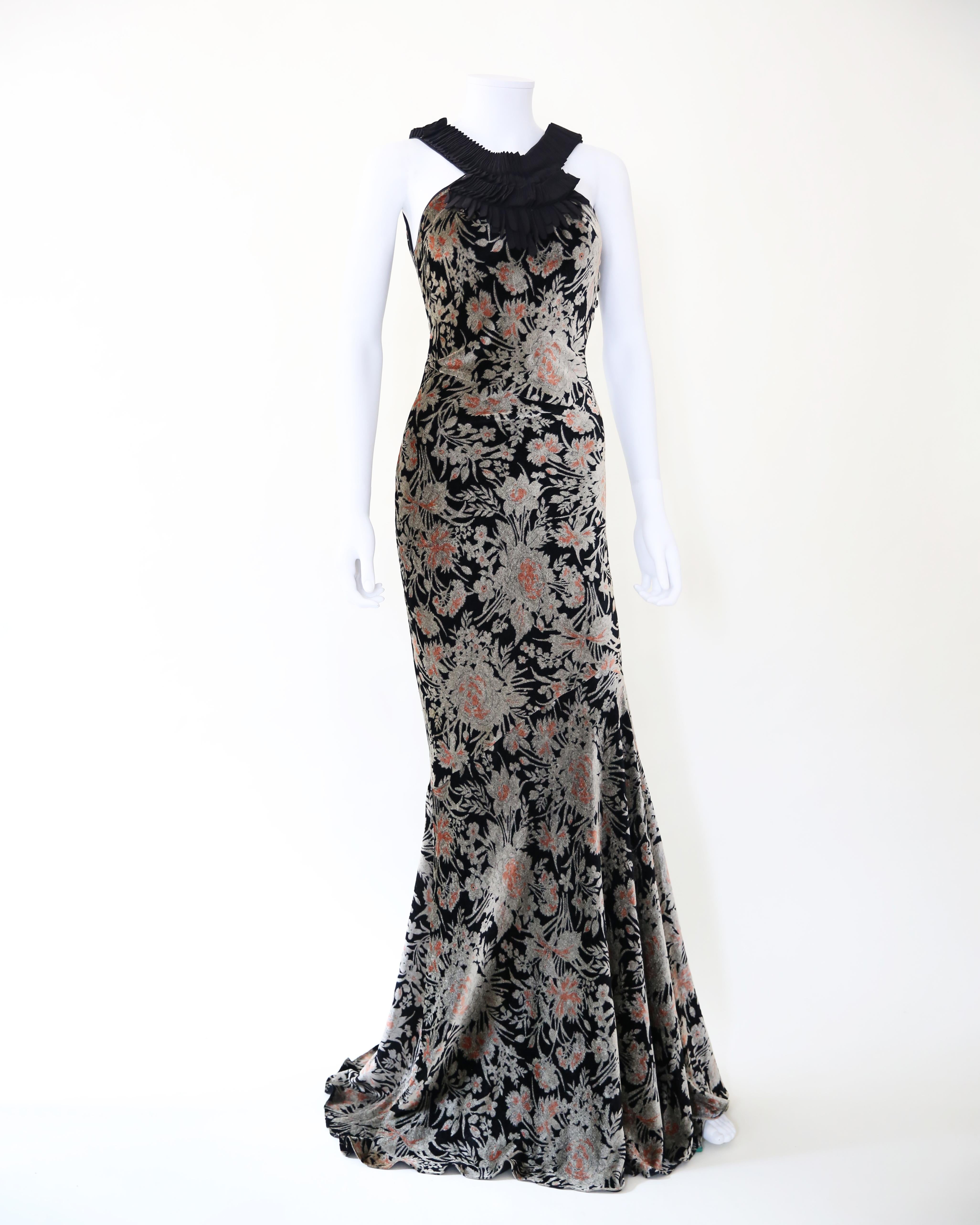 Donna John Galliano A/I 08 abito in velluto floreale nero terracotta senza schienale e drappeggiato in vendita