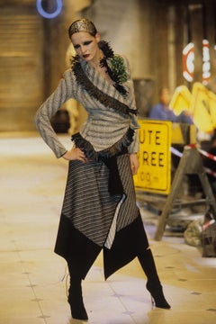 John Galliano F/W 1999 Black & Ivory Chevron Intarsia Cropped Blazer And Midi Skirt Set