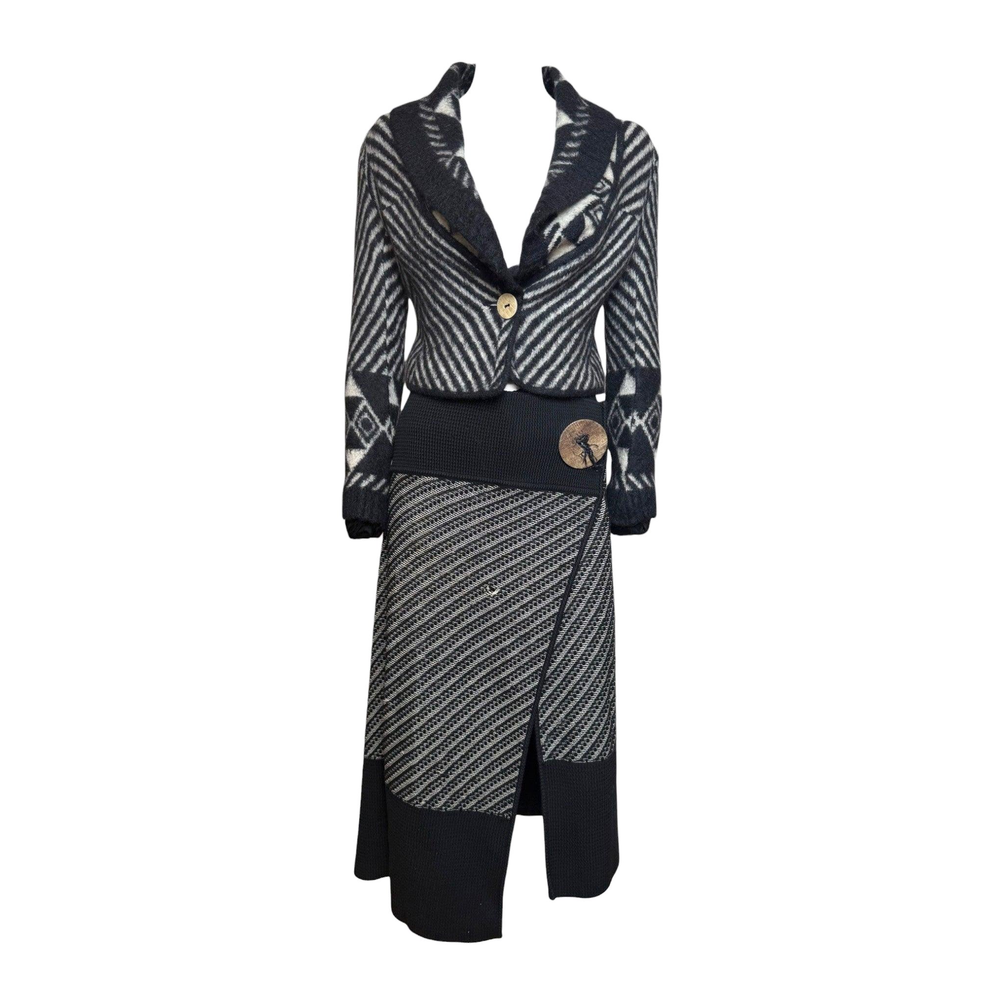 Pre-owned John Galliano F/w 1999 Black & Ivory Chevron Intarsia Cropped Blazer And Midi Skirt Set In White