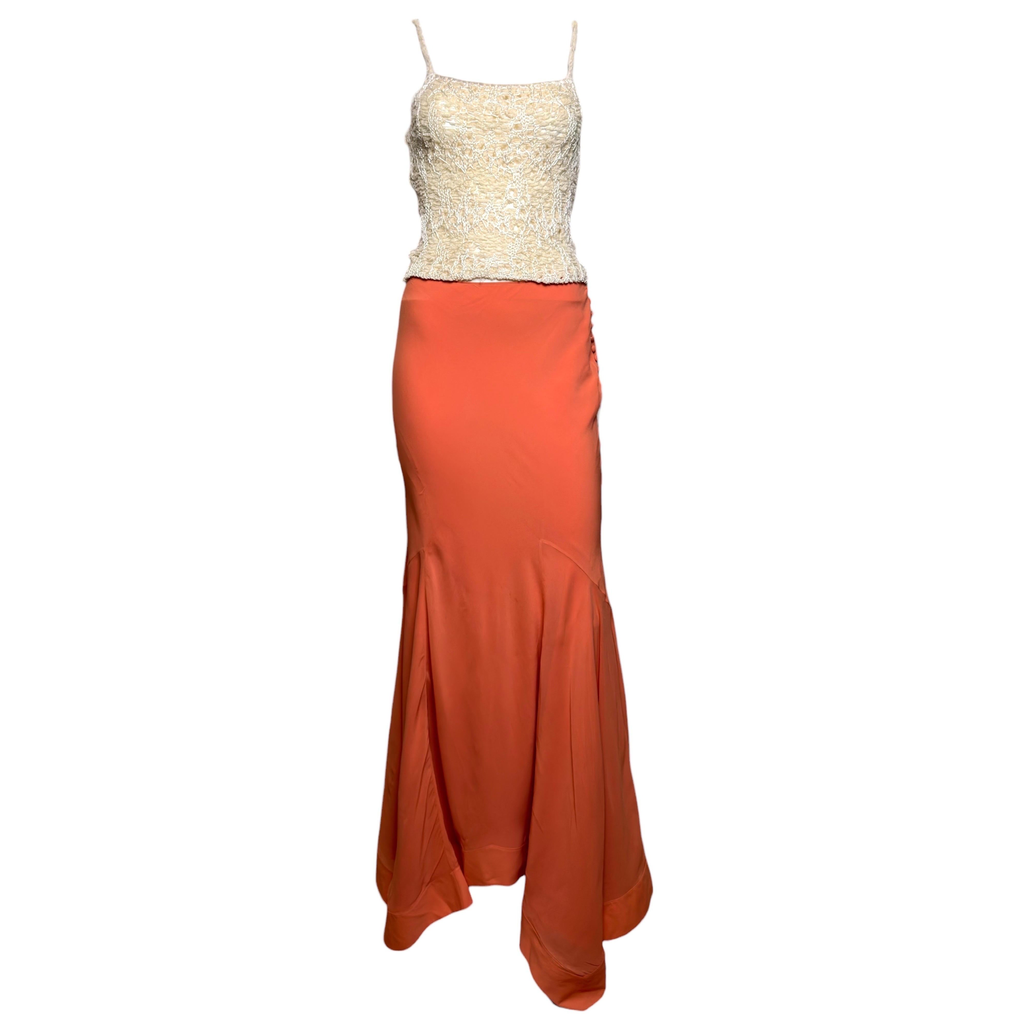John Galliano F/W 2000 Coral Silk Bias Maxi Skirt and White Knit Top Ensemble en vente
