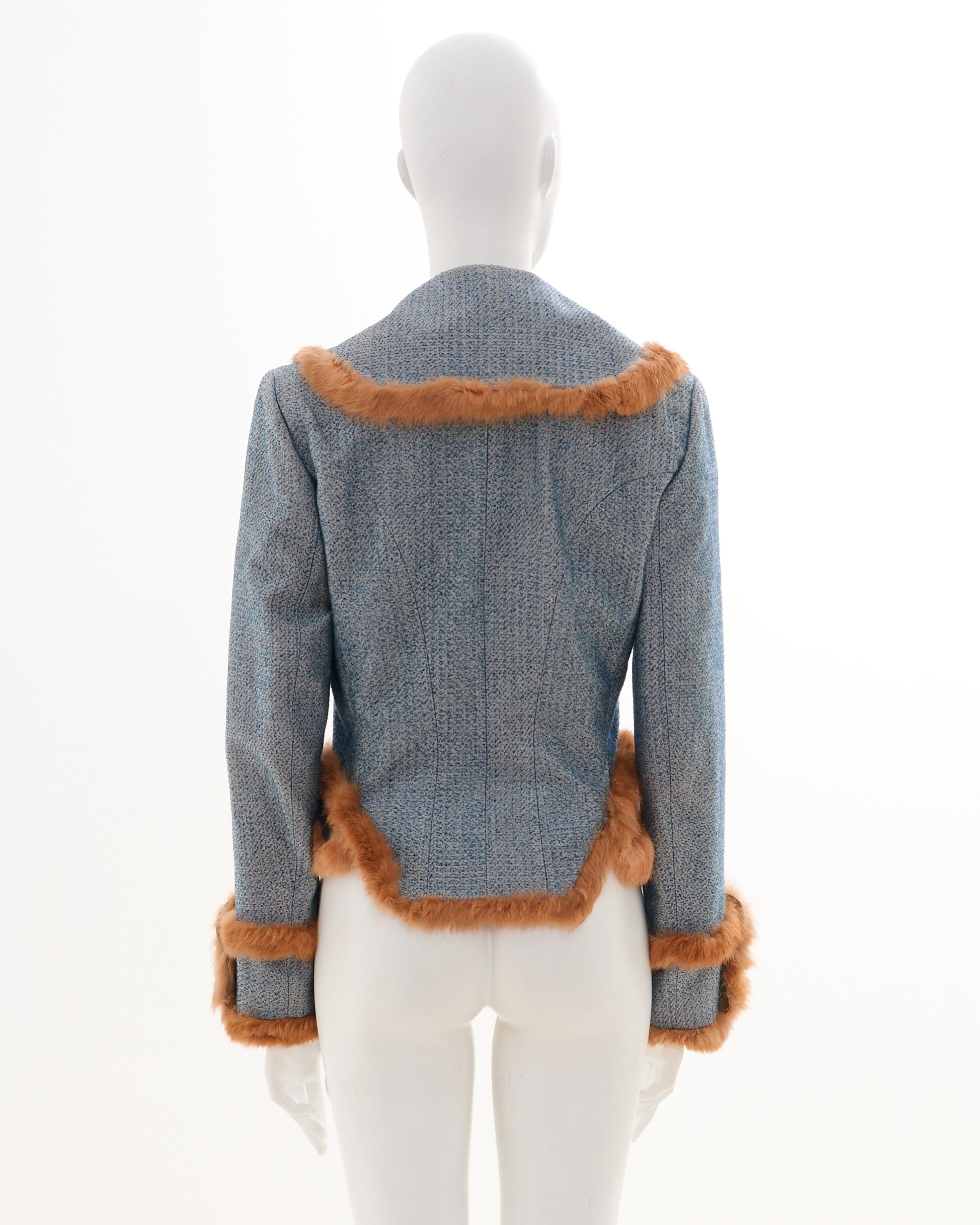 John Galliano F/W 2000 Zweireihige Jacke mit Pelzbesatz in Blau (Brown) im Angebot