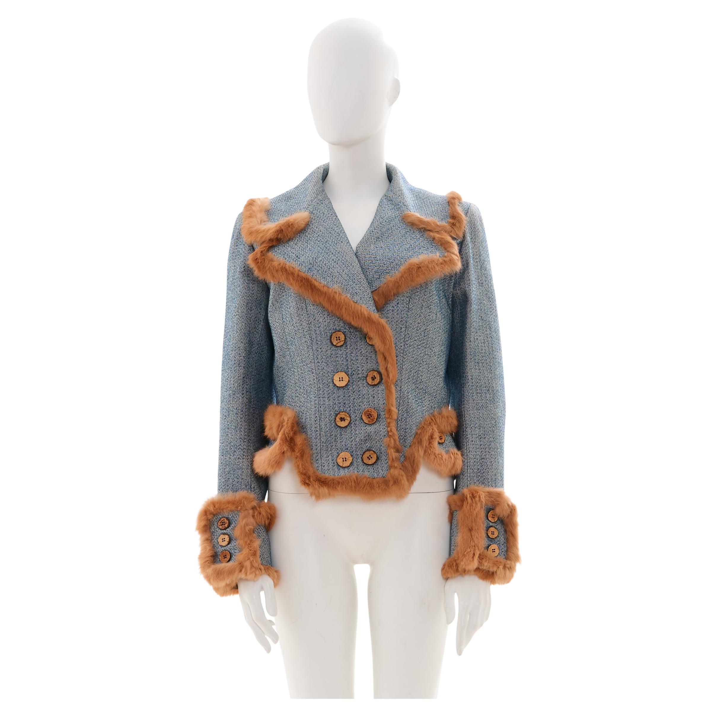 John Galliano F/W 2000 Fur trim double breasted jacket in blue