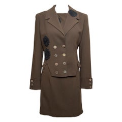 John Galliano F/W 2000 Khaki Brown Floral-Appliqué Double-Breasted Jacket And Shift Dress Ensemble