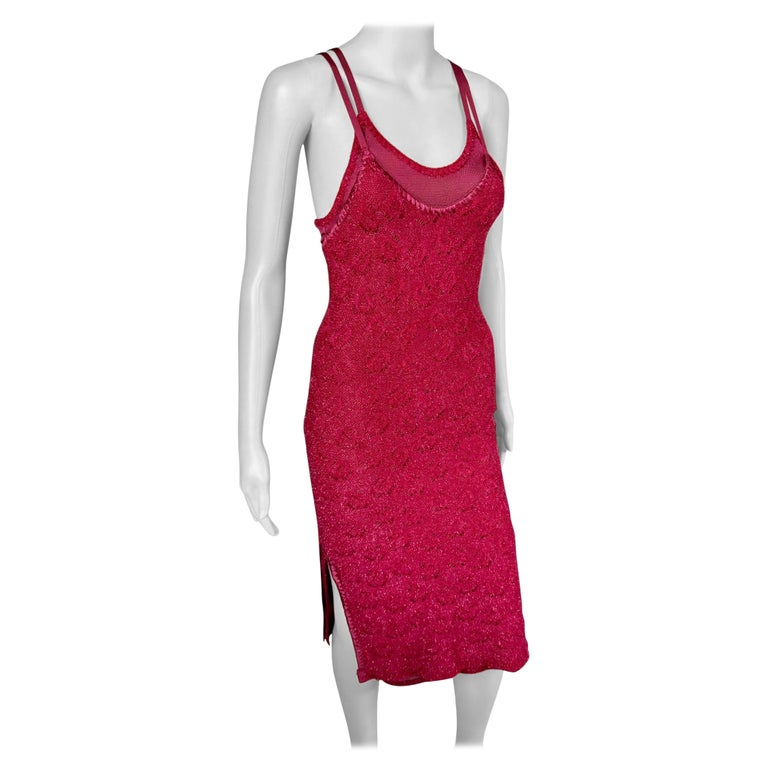 John Galliano F/W 2000 Open Knit Metallic Slip Bodycon Midi Dress