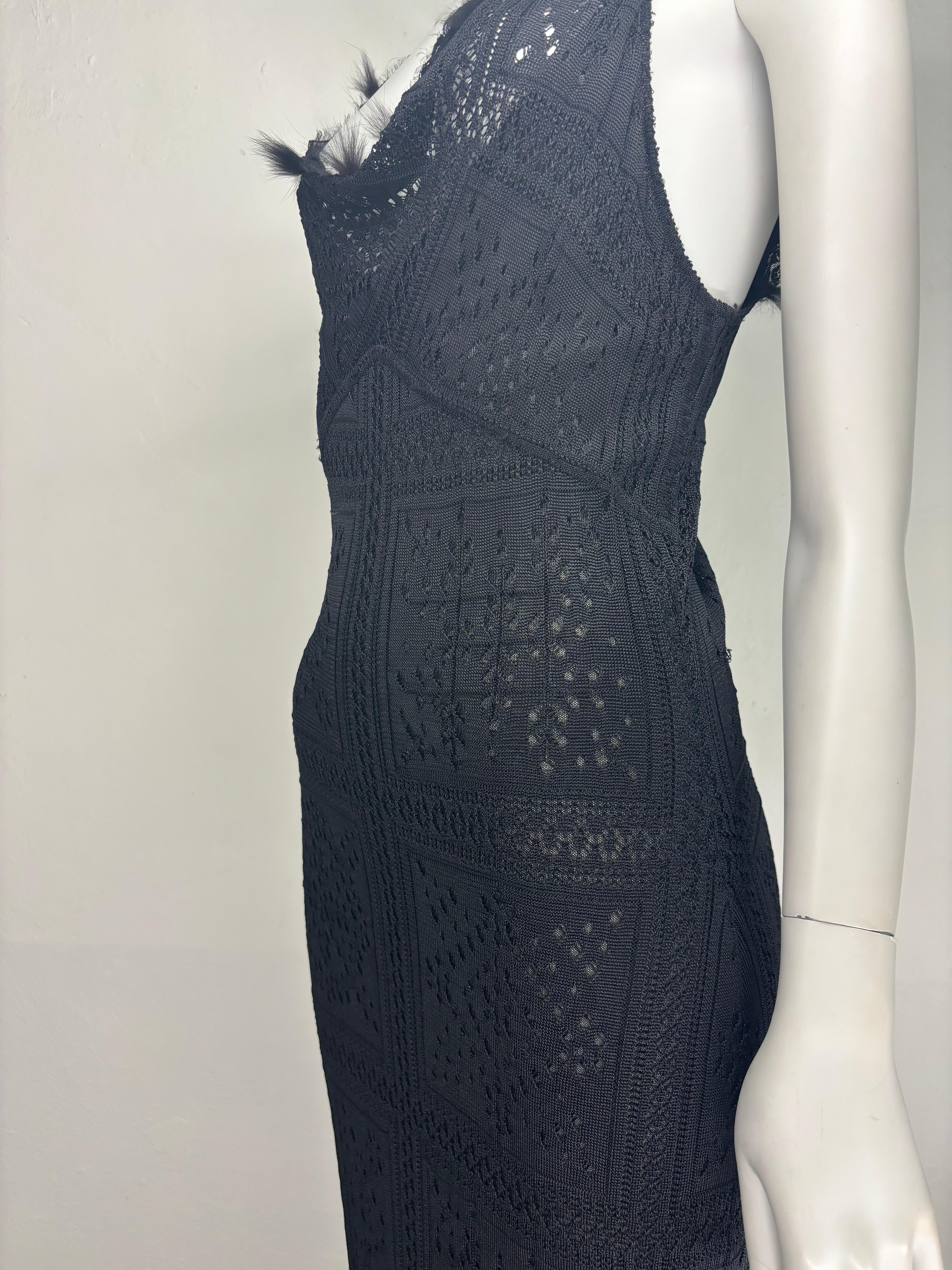 John Galliano F/W 2001 black lace knit dress with fur appliqués 9