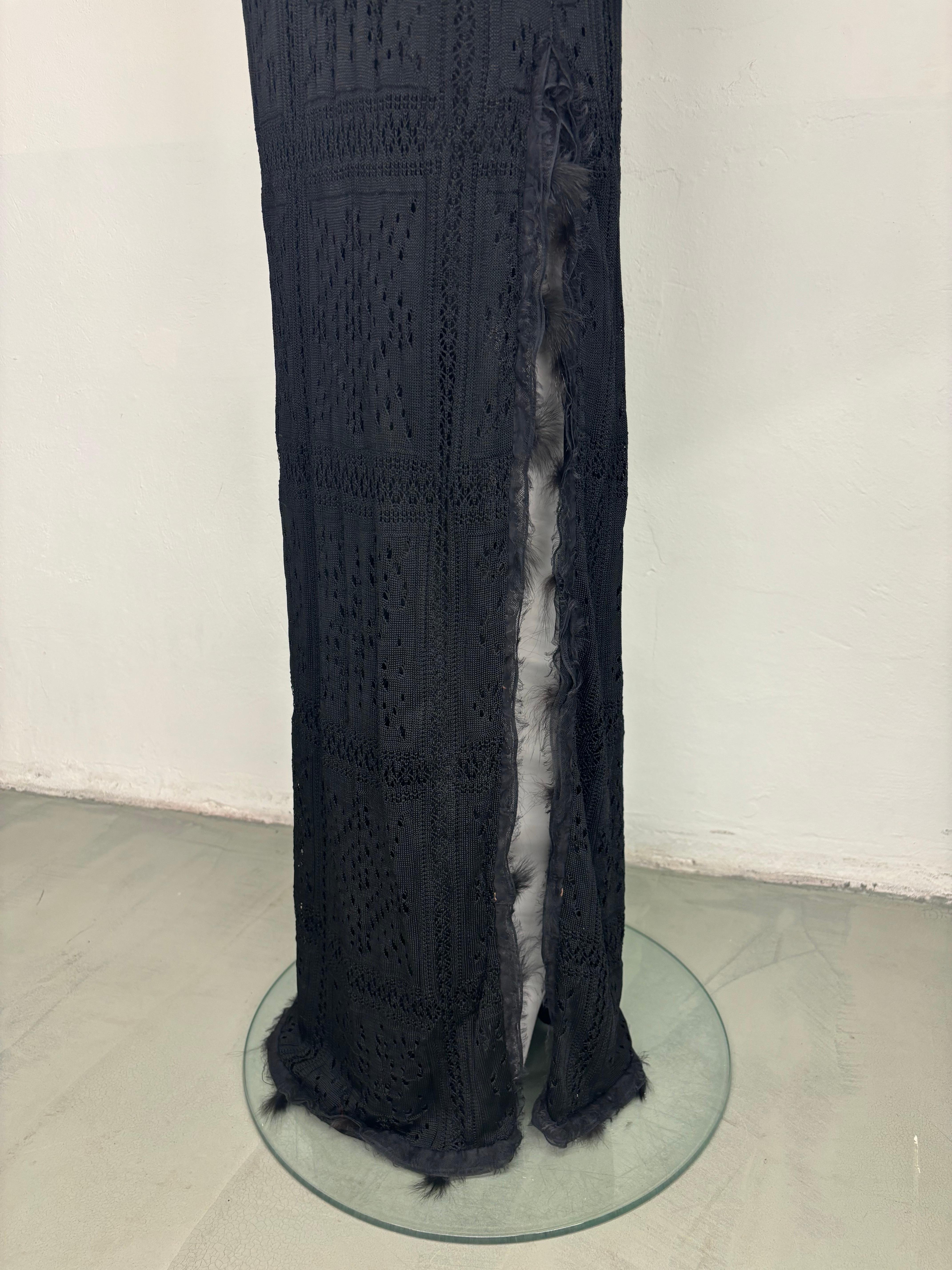 John Galliano F/W 2001 black lace knit dress with fur appliqués 10