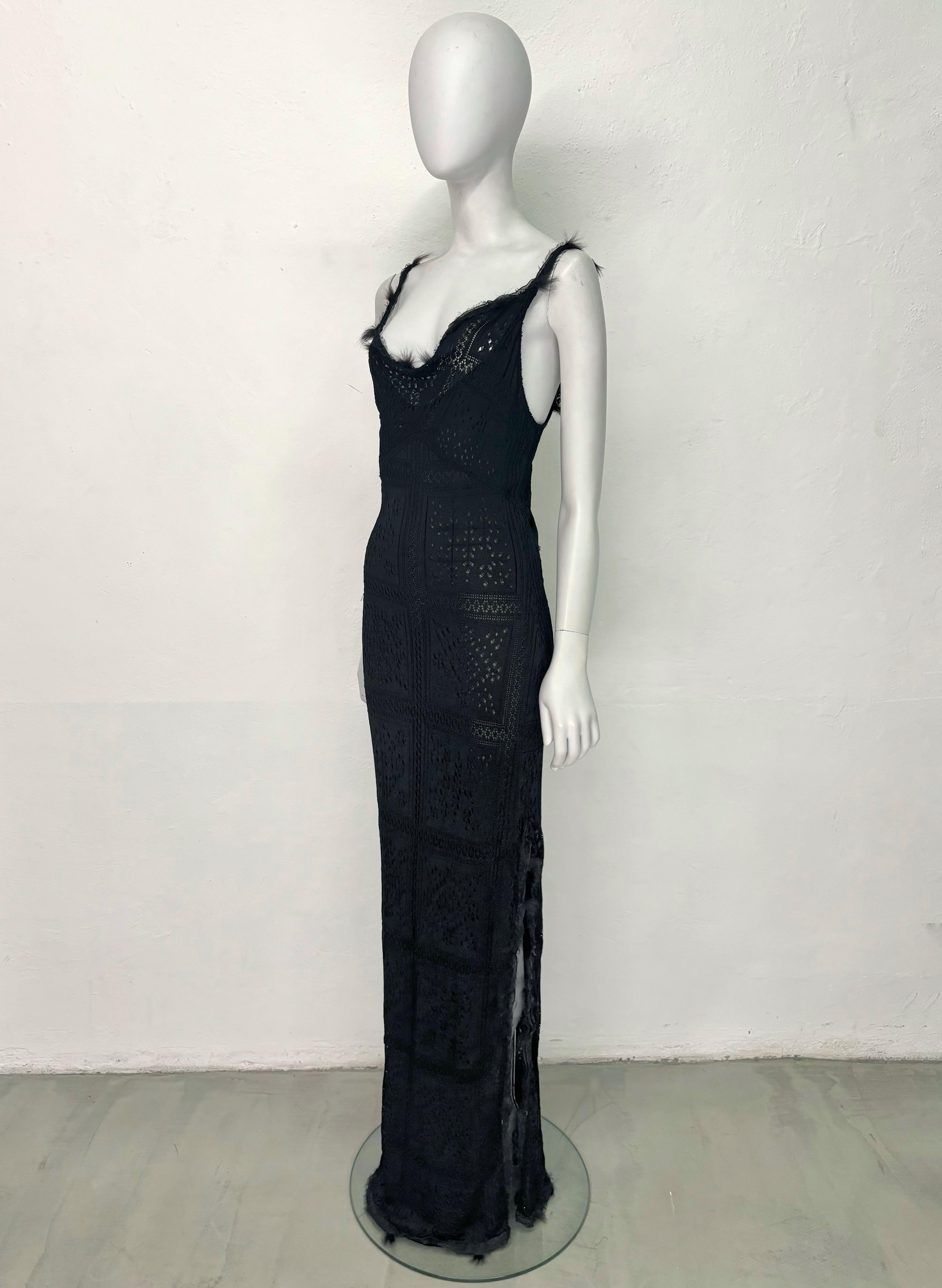 John Galliano F/W 2001 black lace knit dress with fur appliqués In Excellent Condition In Rome, IT