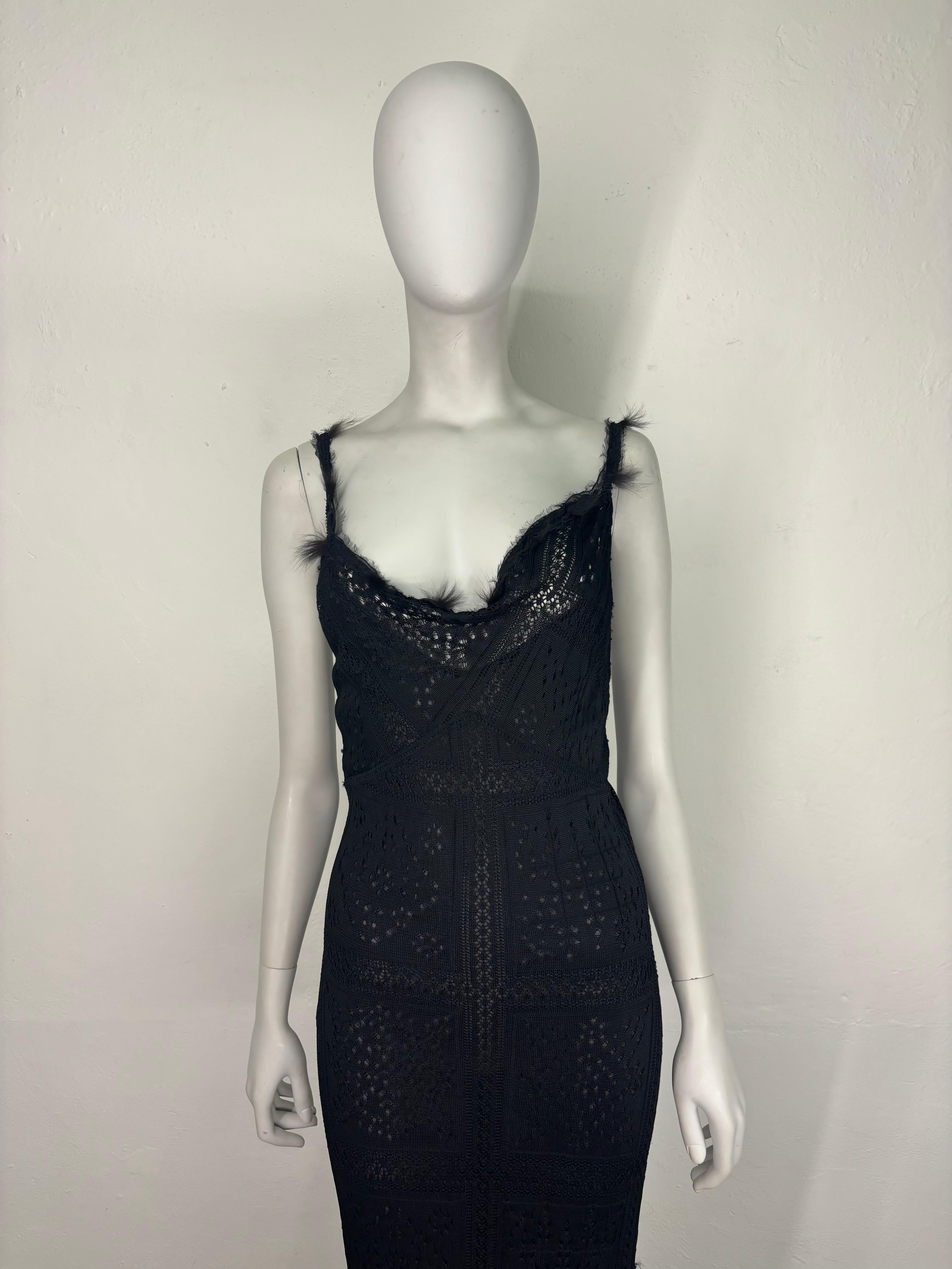 Women's John Galliano F/W 2001 black lace knit dress with fur appliqués