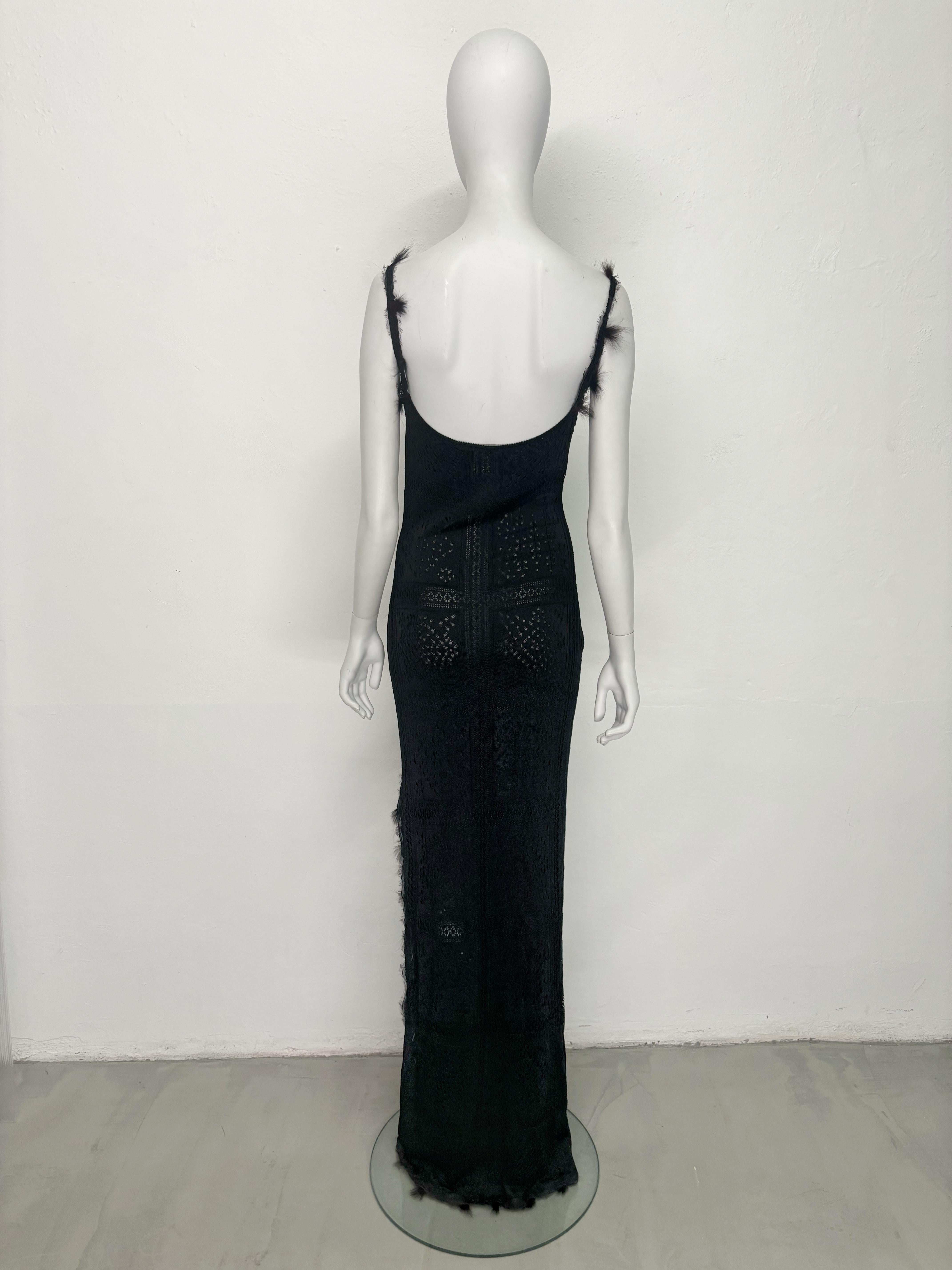 John Galliano F/W 2001 black lace knit dress with fur appliqués 1