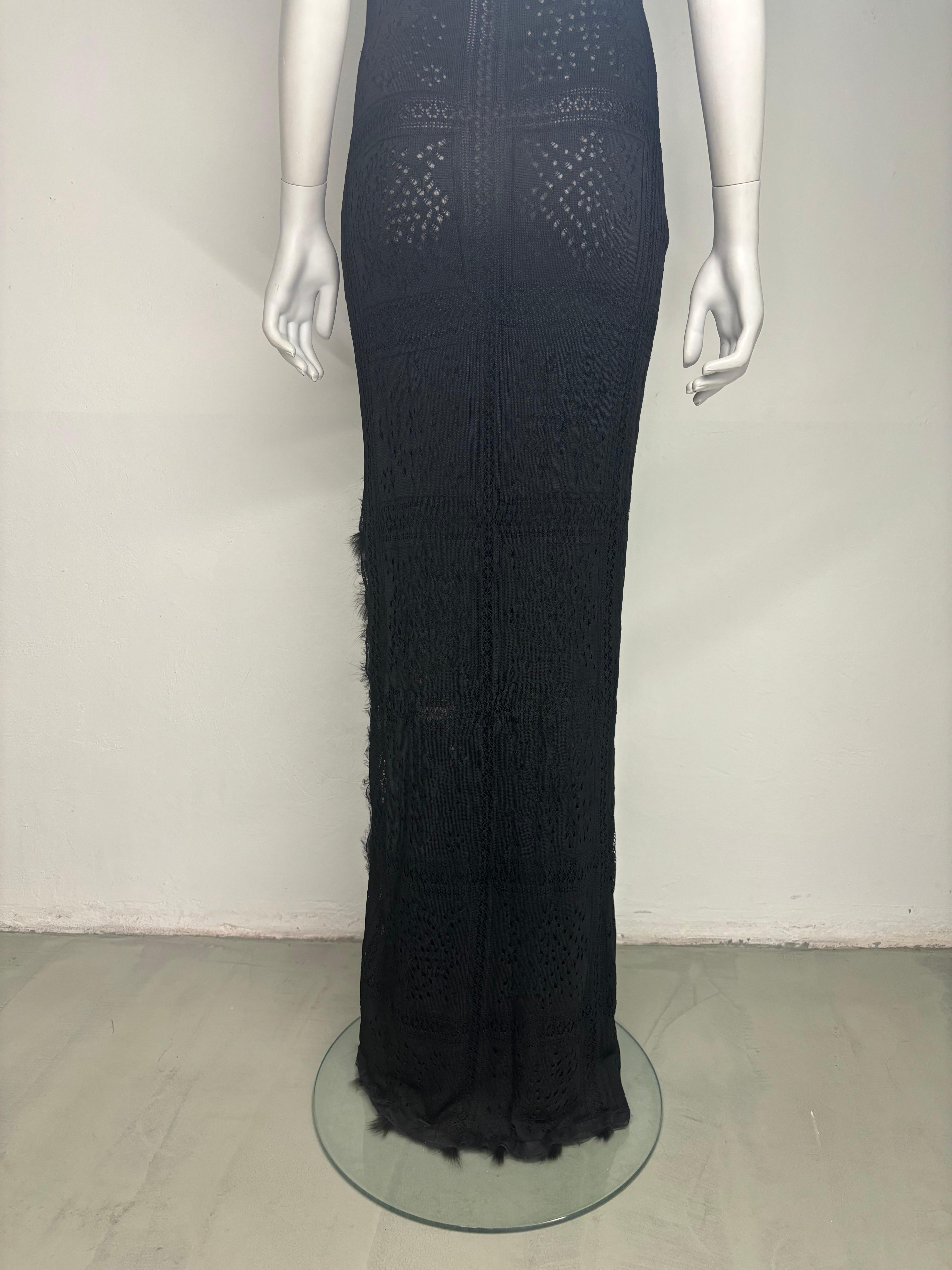 John Galliano F/W 2001 black lace knit dress with fur appliqués 2