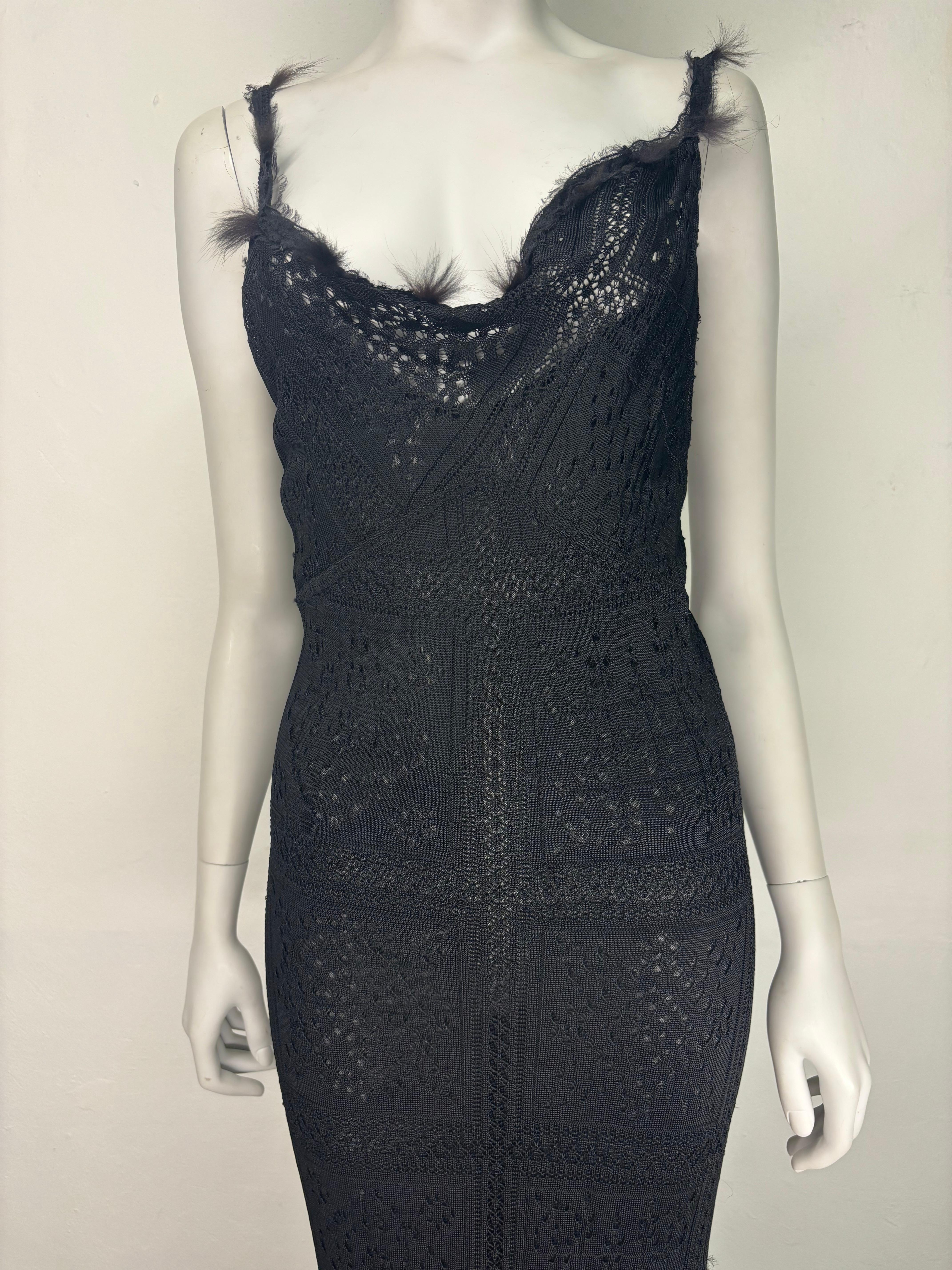 John Galliano F/W 2001 black lace knit dress with fur appliqués 6