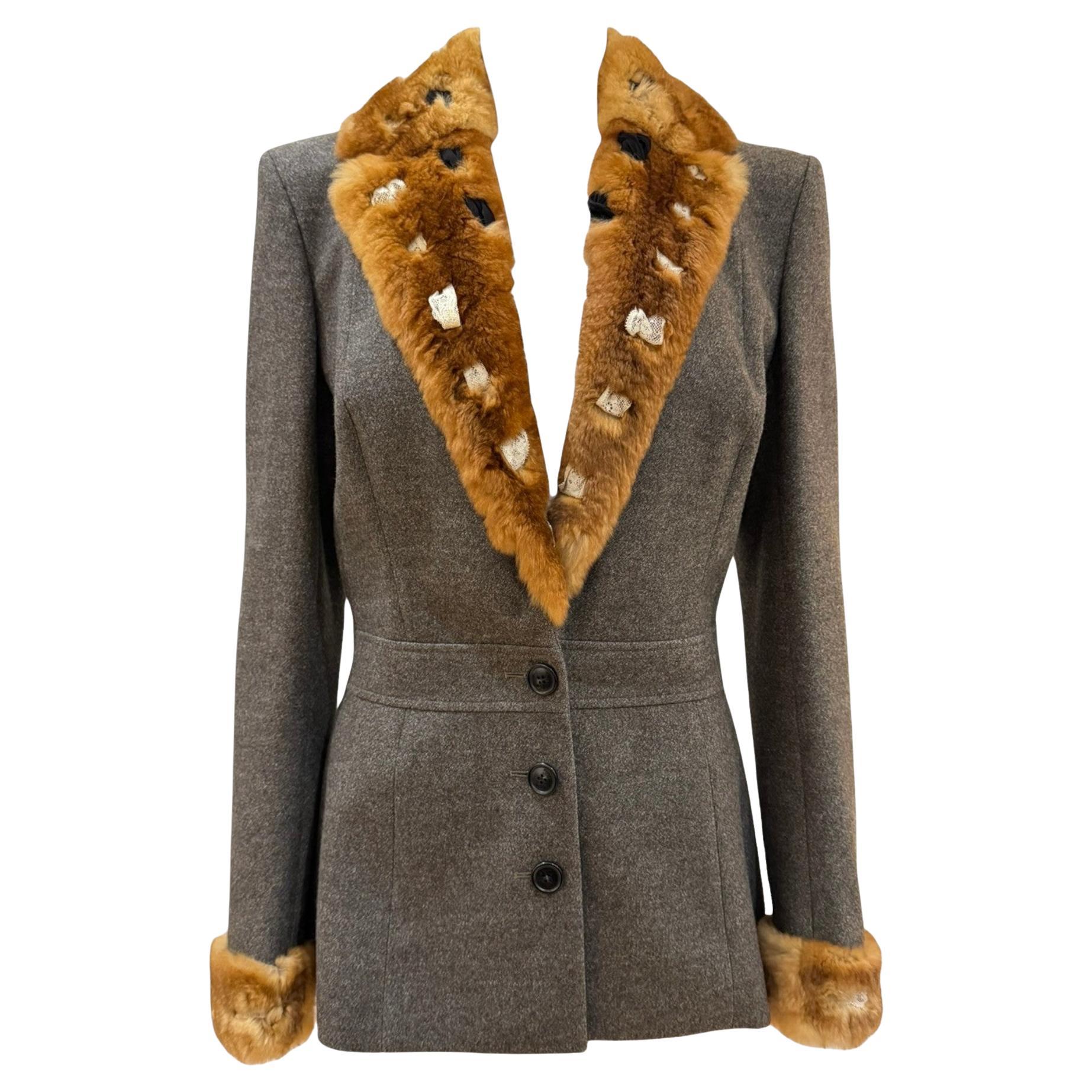 John Galliano F/W 2001 Wool Blazer with Embellished Fur Collar & Cuffs