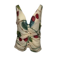 John Galliano F/W 2003 Cream Cherry-Print Ruched Sleeveless Top