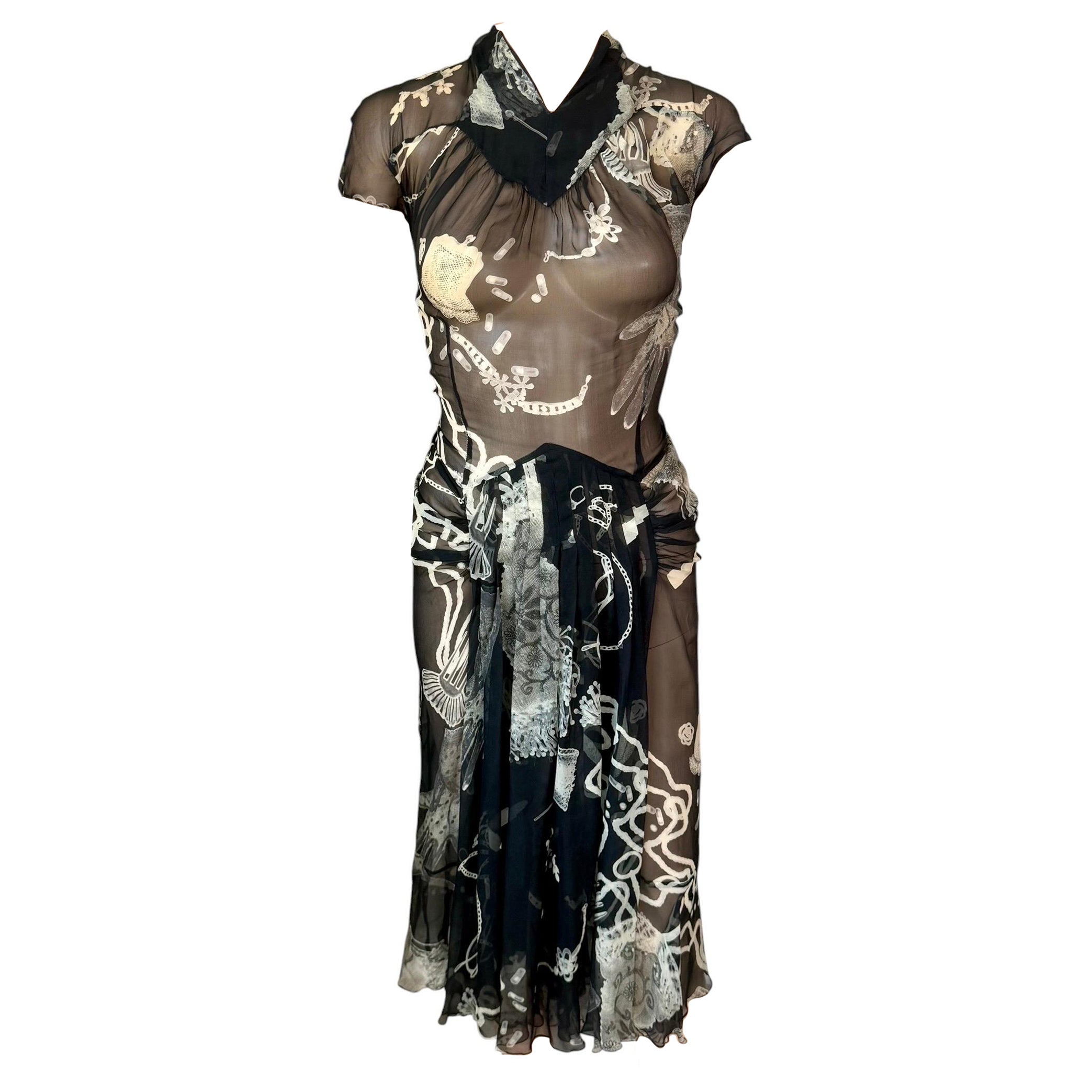 John Galliano Colección F/W 2003 "Joan Crawford" Vestido Midi Estampado Transparente
