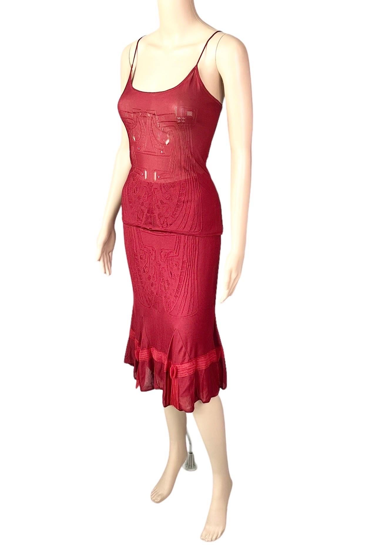 Red John Galliano F/W 2004 Open Knit Top and Skirt 2 Piece Set Ensemble For Sale