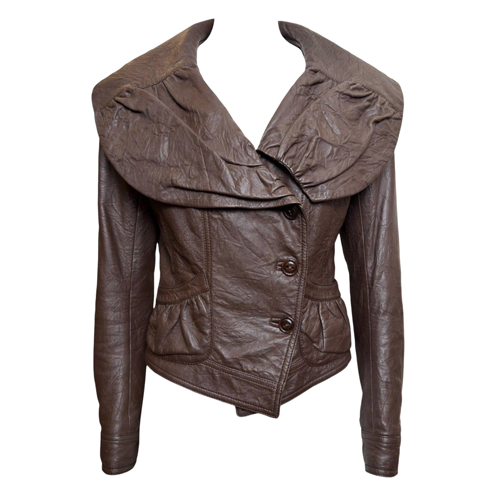 John Galliano F/W 2005 Brown Lambskin Ruched Wide-Collar Cropped Jacket