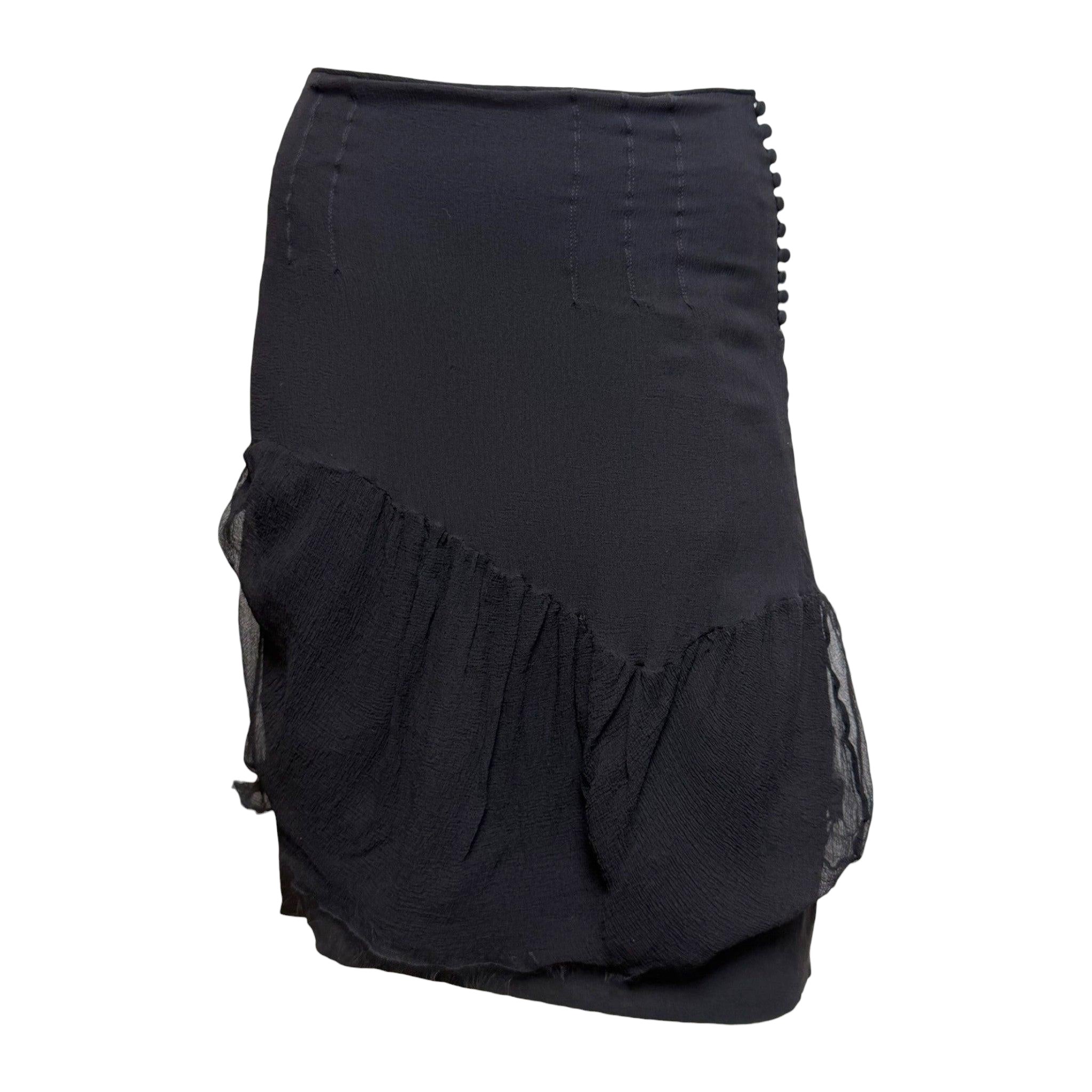 John Galliano F/W 2006 Black Ruched Bubble Mini Skirt With Covered-Button Placket And Sheer Hem Frill For Sale