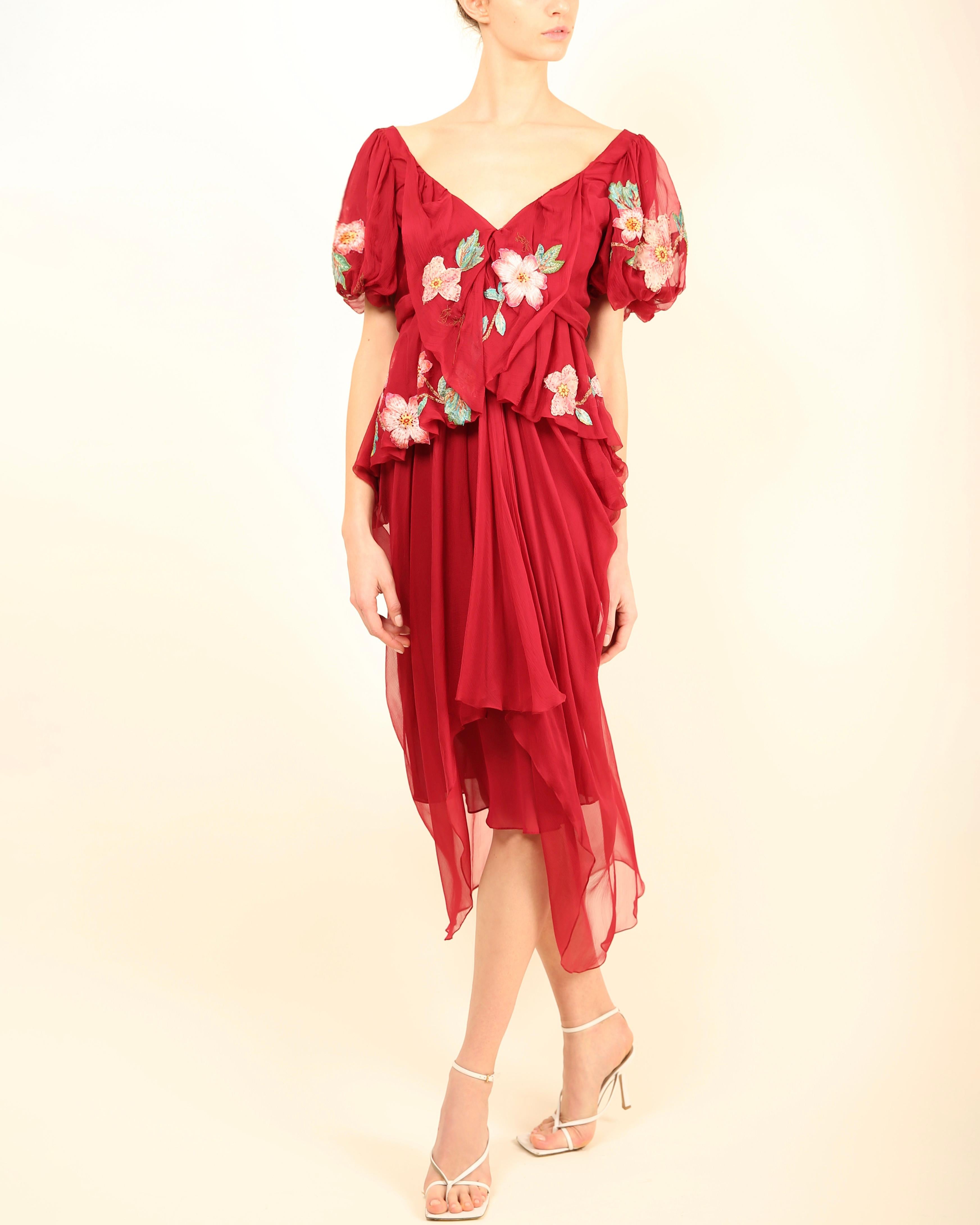 John Galliano fall 07 Burgundy silk sheer floral embroidered layered midi dress For Sale 5